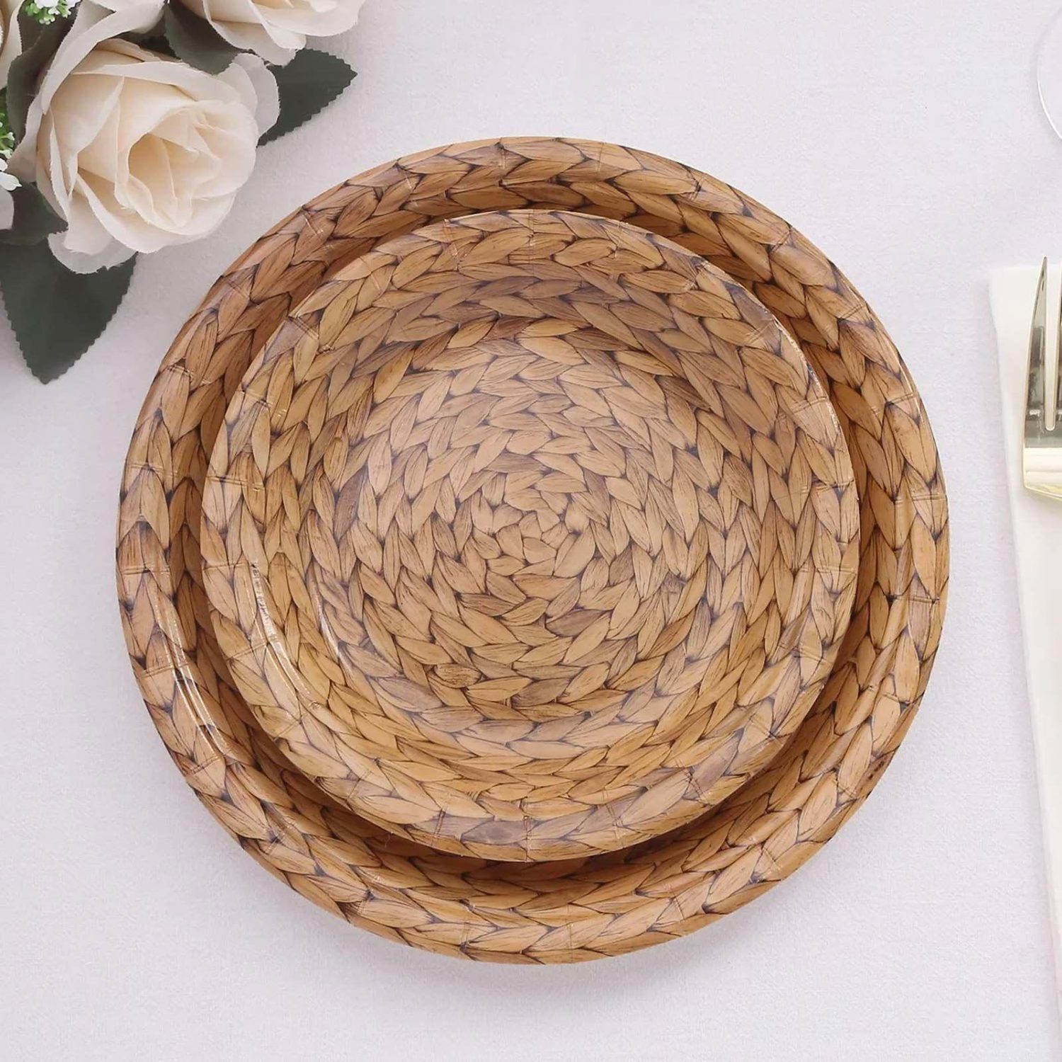 Paper Salad/Dessert Plates | 25 Pack Natural Paper Dessert Appetizer Plates With Woven Rattan Print, 7″ Round Rustic Farmhouse Disposable Salad Plates – 300 GSM Disposable Tableware Paper Salad/Dessert Plates