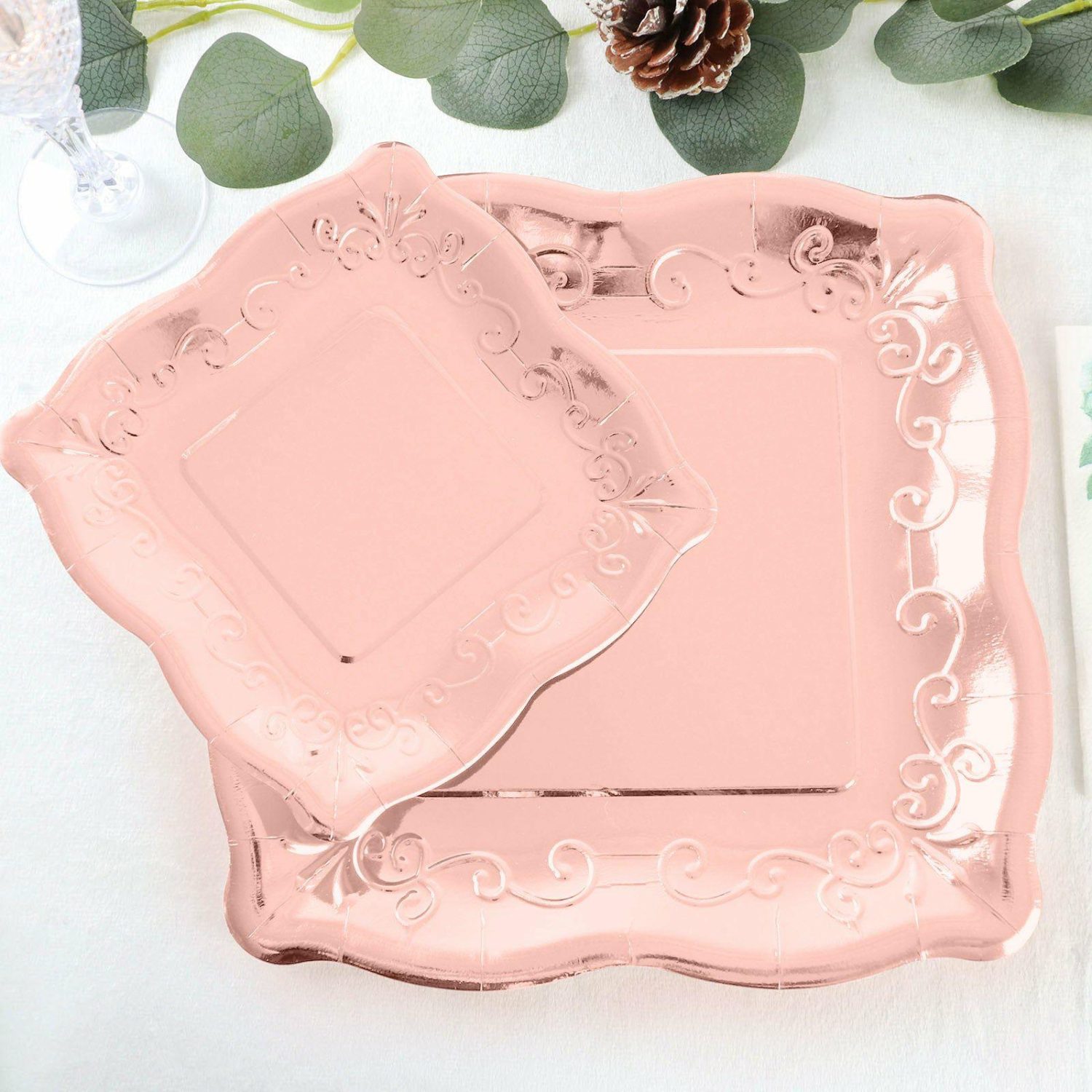 Paper Salad/Dessert Plates | 25 Pack Rose Gold Square Vintage Appetizer Dessert Paper Plates, Shiny Metallic Disposable Pottery Embossed Party Plates With Scroll Design Edge 350 GSM 7″ Disposable Tableware Metallic Rose Gold