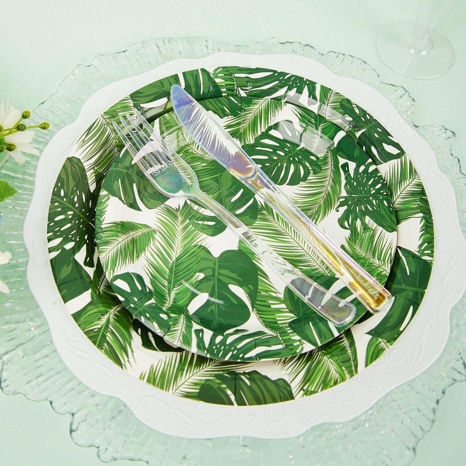 Paper Salad/Dessert Plates | 25 Pack Tropical Palm Leaf Mix Dessert Disposable Paper Plates, Appetizer Salad Plates 300 GSM 7″ Disposable Tableware Paper Salad/Dessert Plates