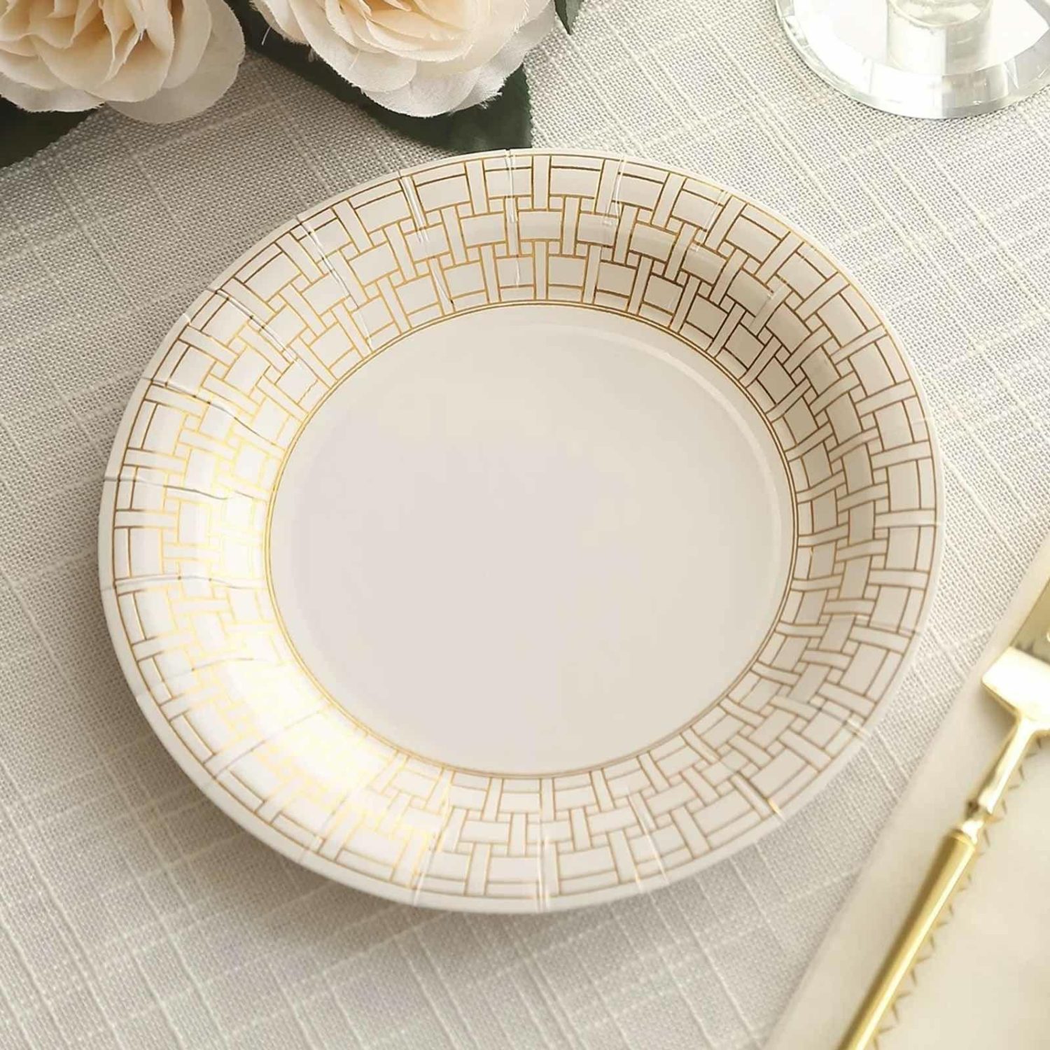 Paper Salad/Dessert Plates | 25 Pack White Appetizer Dessert Paper Plates With Gold Basketweave Pattern Rim, 7″ Round Disposable Salad Plates Disposable Tableware Basketweave Pattern Rim