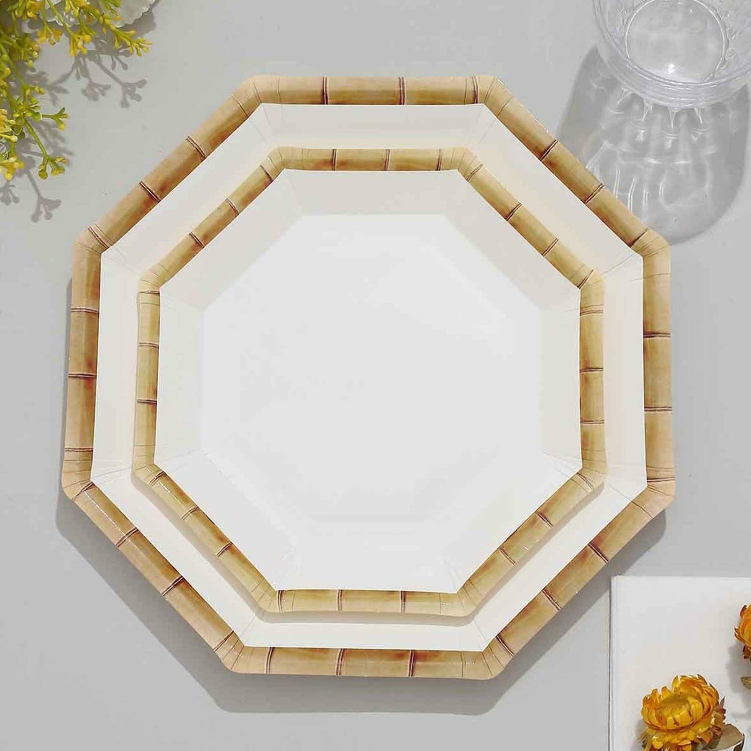 Paper Salad/Dessert Plates | 25 Pack White Bamboo Print Rim Geometric Dessert Paper Plates, Octagonal Disposable Appetizer Salad Party Plates 7″ Disposable Tableware Paper Salad/Dessert Plates