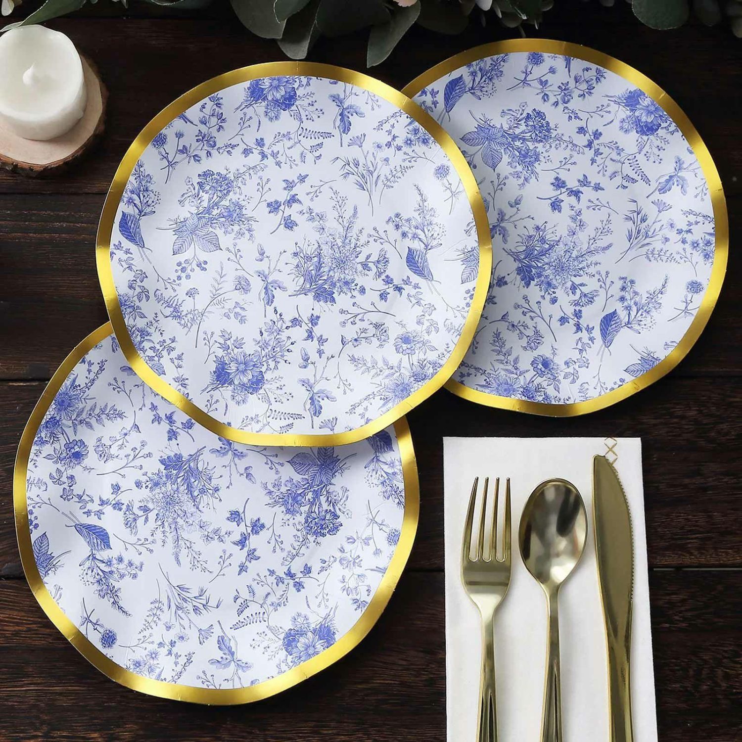 Paper Salad/Dessert Plates | 25 Pack White / Blue Chinoiserie Paper Dessert Appetizer Plates With Gold Wavy Rim, Disposable Round Floral Salad Party Plates 8″ Disposable Tableware Blue