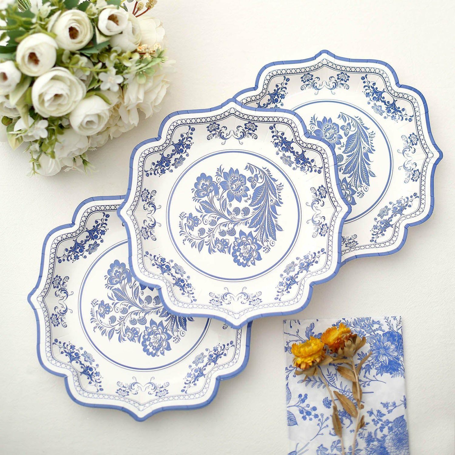 Paper Salad/Dessert Plates | 25 Pack White Blue Paper Dessert Plates With Chinoiserie Florals and Scalloped Rims, Disposable Salad Appetizer Plates 300 GSM 8″ Disposable Tableware Paper Salad/Dessert Plates