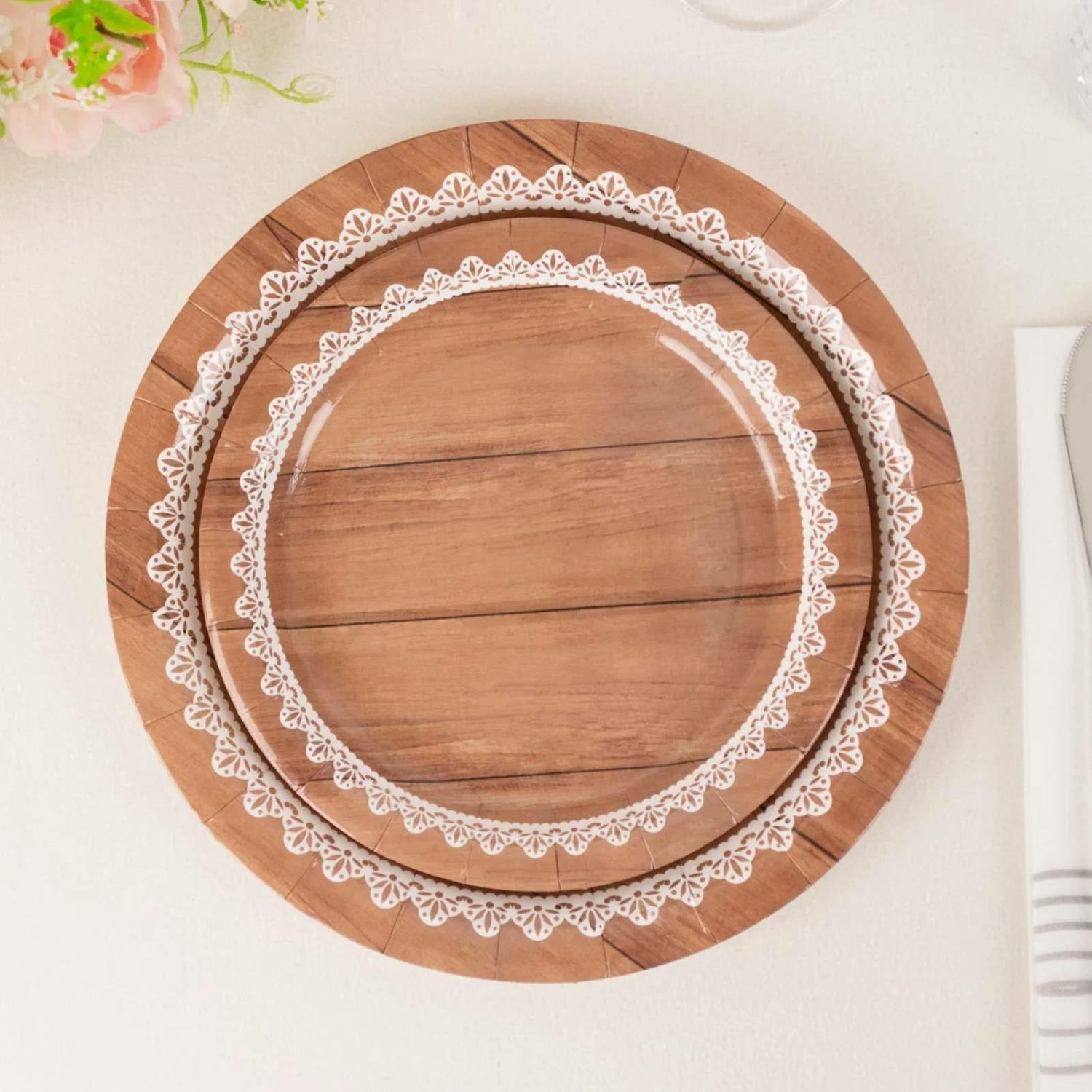 Paper Salad/Dessert Plates | 25 Pack White Brown Wood Grain Print Paper Dessert Plates With Floral Lace Rim, Round Disposable Appetizer Salad Plates – 7″ Disposable Tableware Brown w/ White Lace