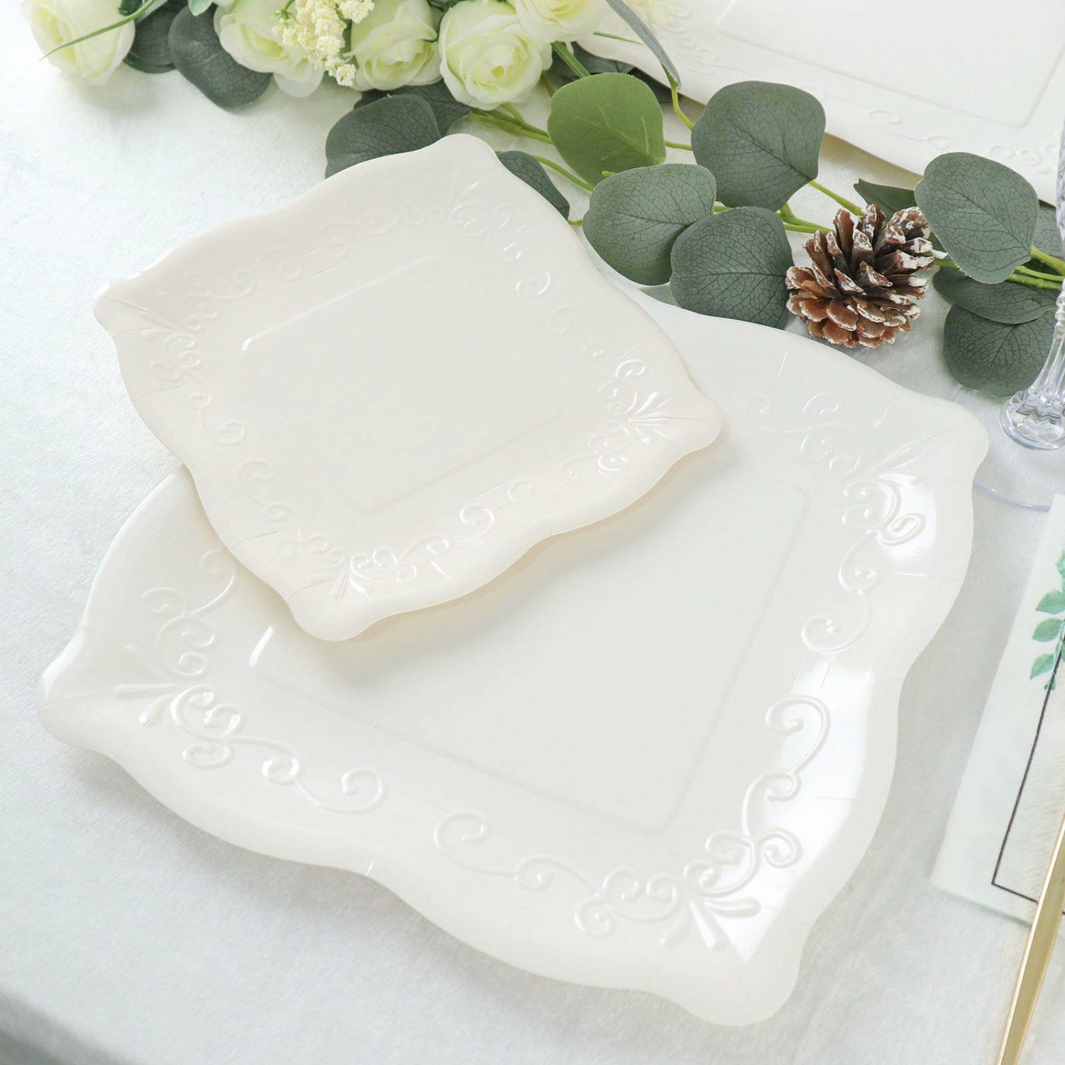 Paper Salad/Dessert Plates | 25 Pack White Square Vintage Appetizer Dessert Paper Plates, Shiny Disposable Pottery Embossed Party Plates With Scroll Design Edge 350 GSM 7″ Disposable Tableware Paper Salad/Dessert Plates