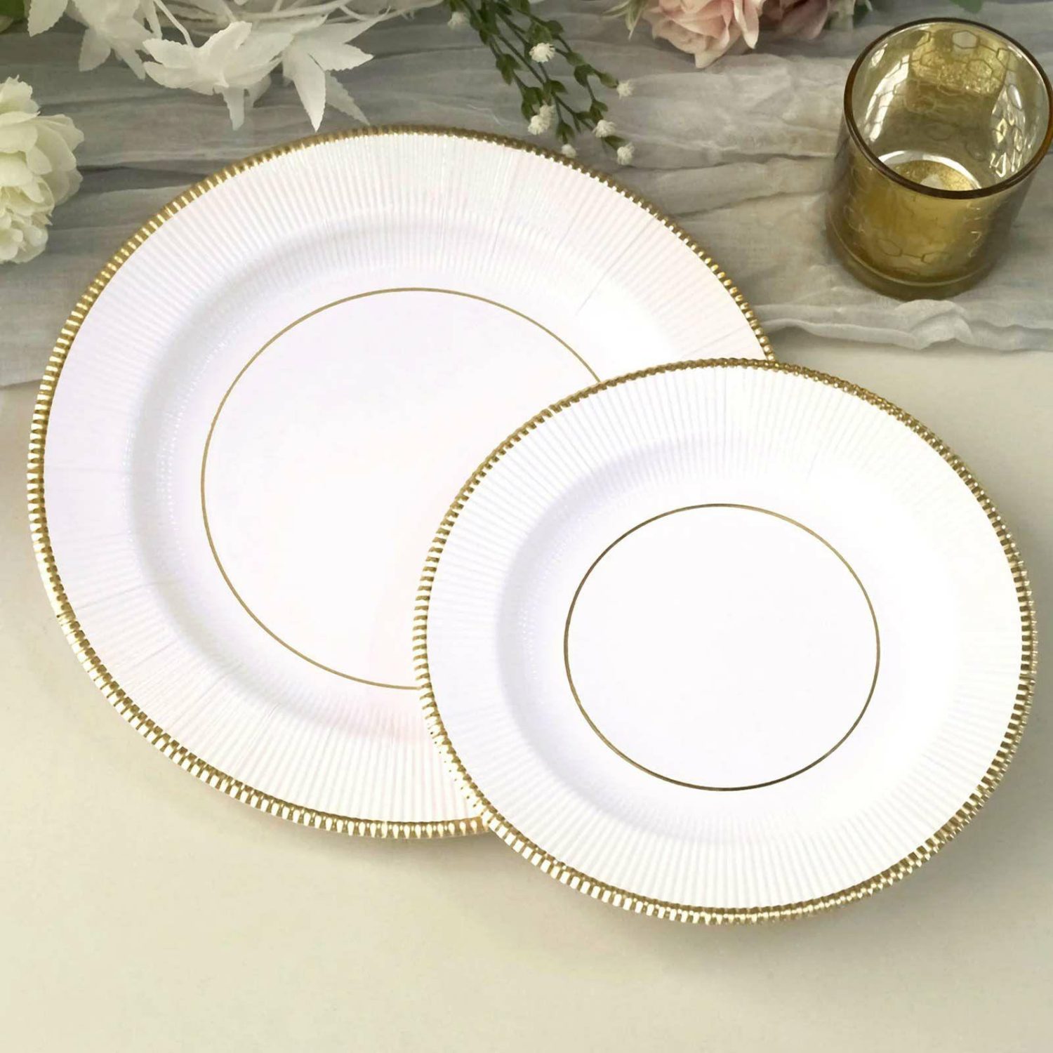 Paper Salad/Dessert Plates | 25 Pack White Sunray Gold Rimmed Dessert Appetizer Paper Plates, Disposable Party Plates 350 GSM 8″ Disposable Tableware Paper Salad/Dessert Plates