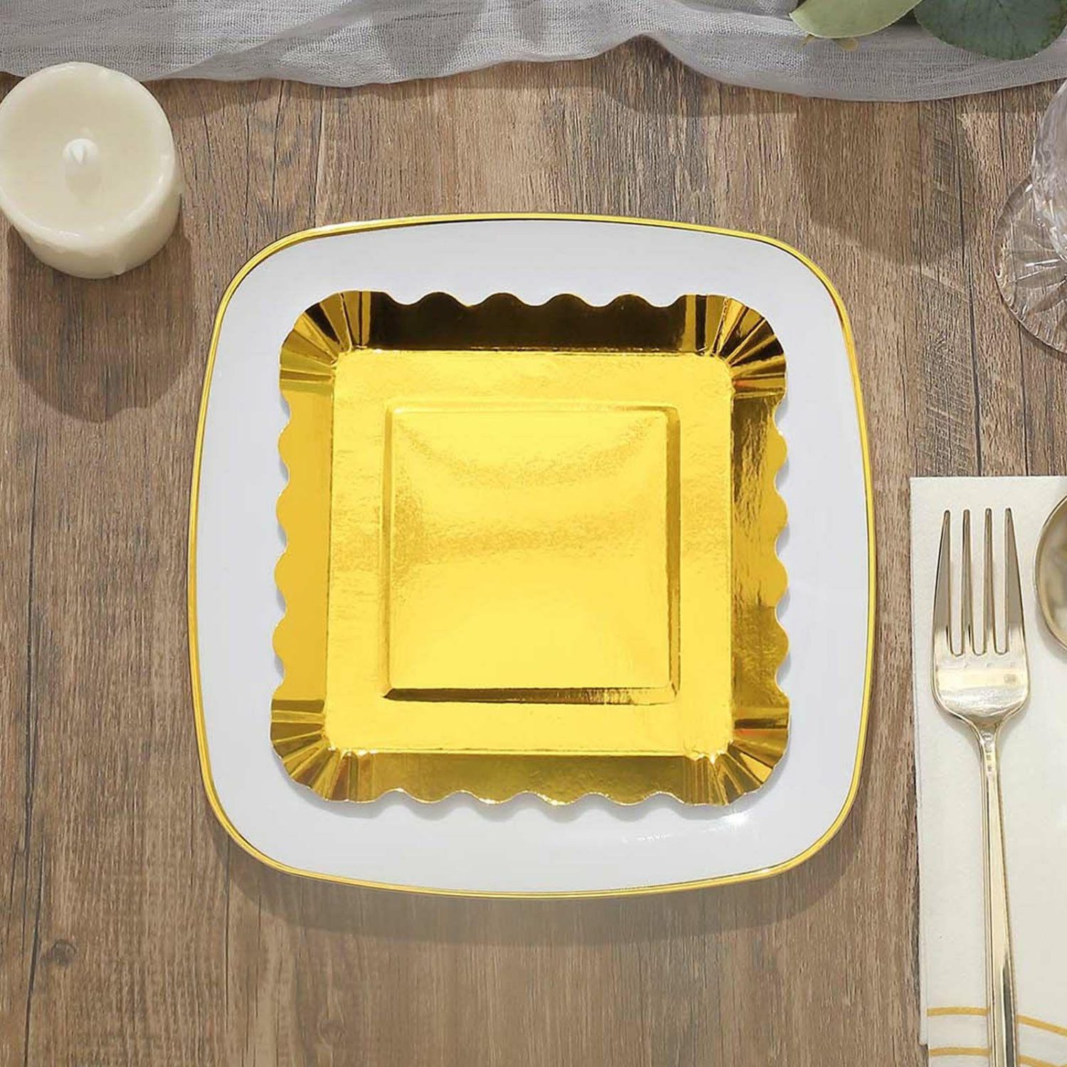 Paper Salad/Dessert Plates | 50 Pack Gold Foil Scalloped Rim Dessert Paper Plates, Disposable Square Appetizer Plates 5″ Disposable Tableware Paper Salad/Dessert Plates