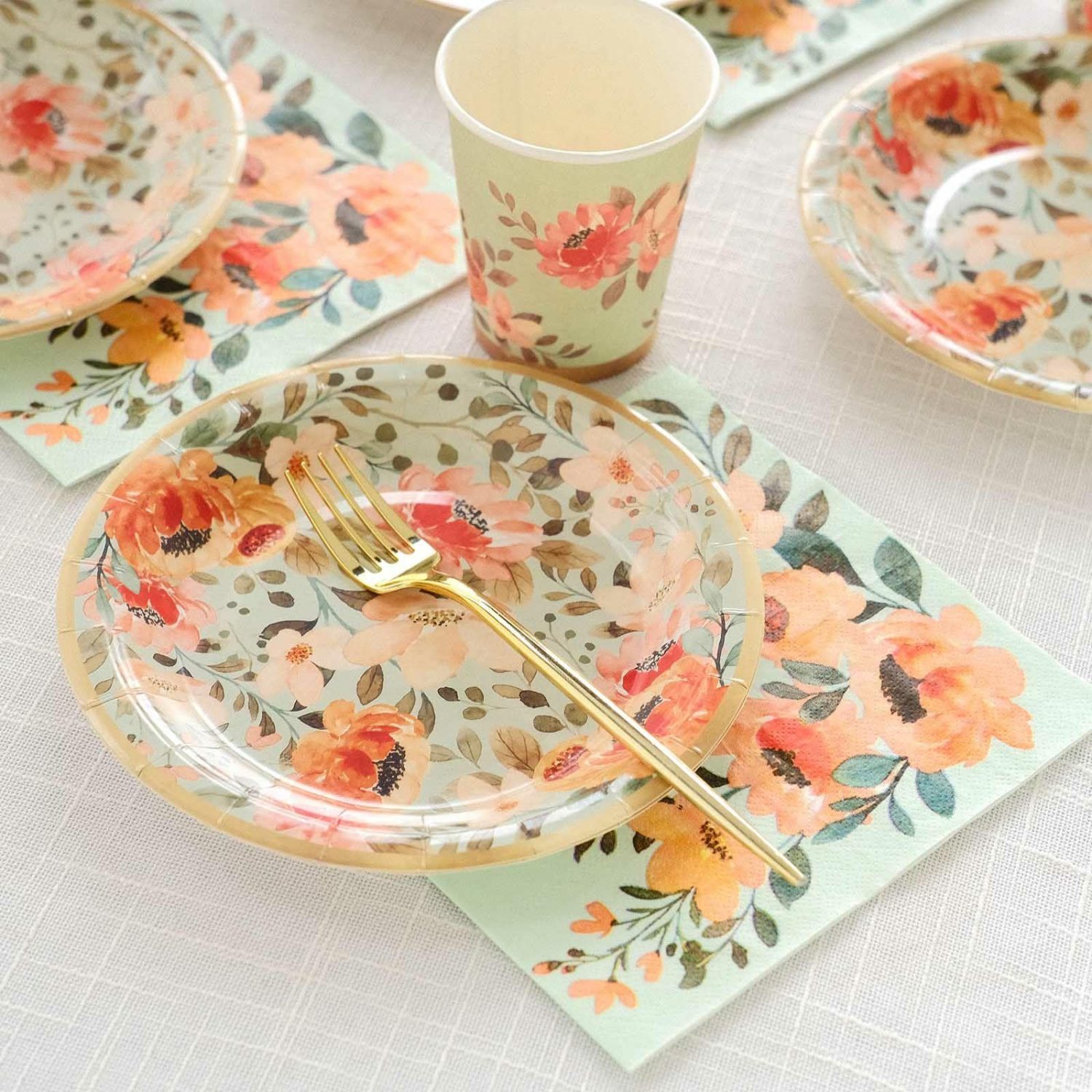 Paper Salad/Dessert Plates | 72 Pcs Sage Green Disposable Dinnerware Set With Pink Floral Print, Paper Plates Cups Napkins Tableware Combo Pack Disposable Tableware Paper Salad/Dessert Plates