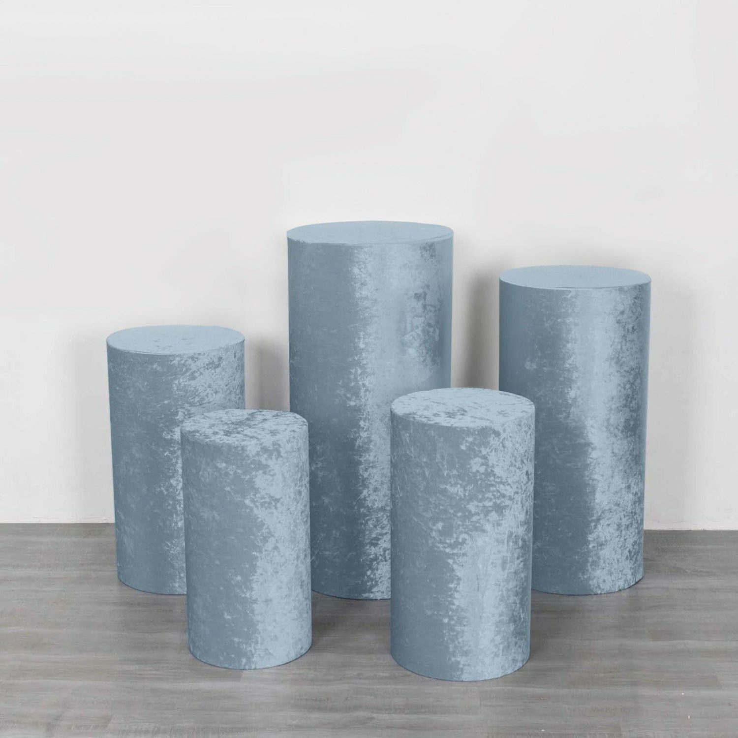 Pedestal Prop Covers | Set of 5 Dusty Blue Crushed Velvet Cylinder Plinth Display Box Stand Covers, Premium Pedestal Pillar Prop Covers Pedestal Prop Covers Dusty blue