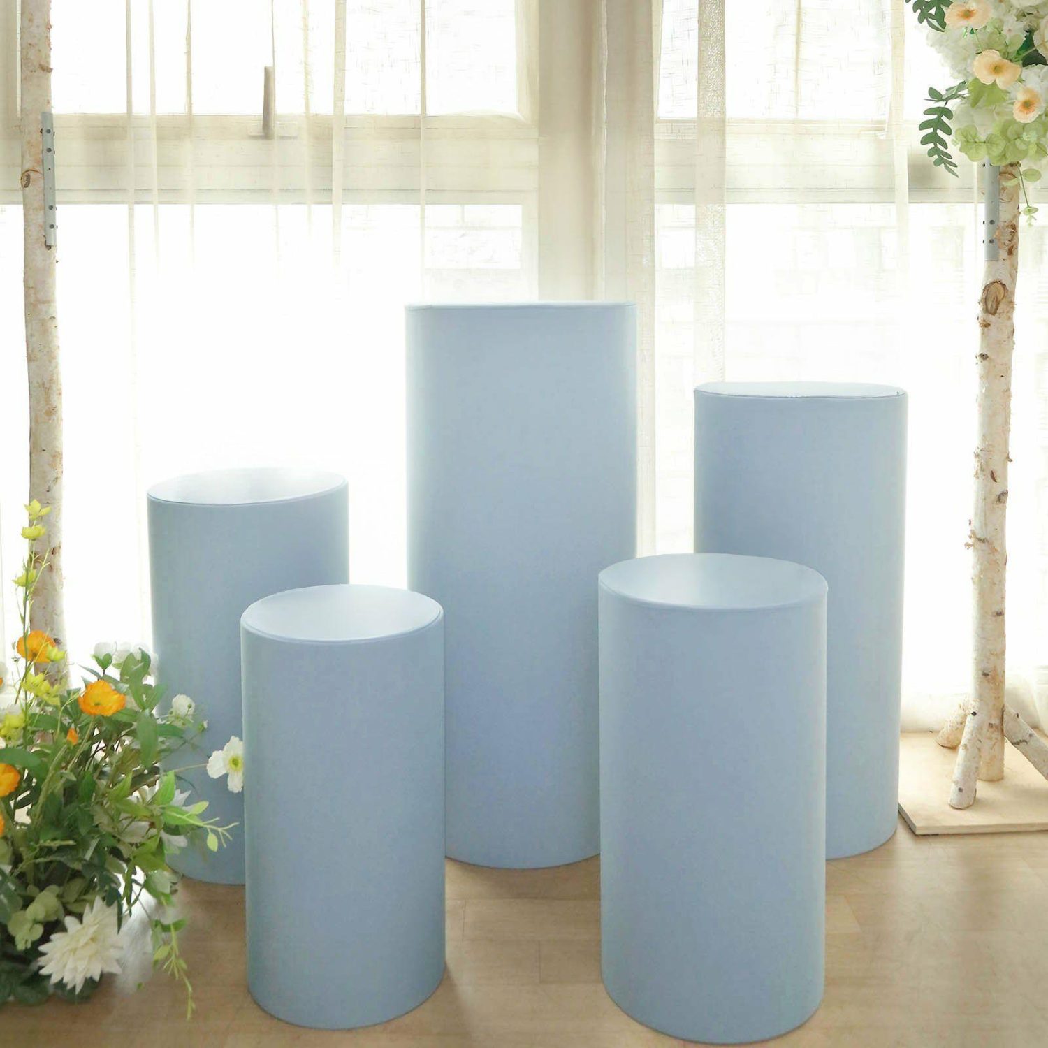 Pedestal Prop Covers | Set of 5 Dusty Blue Spandex Cylinder Plinth Display Box Stand Covers, Stretchable Pedestal Pillar Prop Covers 160 GSM Pedestal Prop Covers Dusty blue