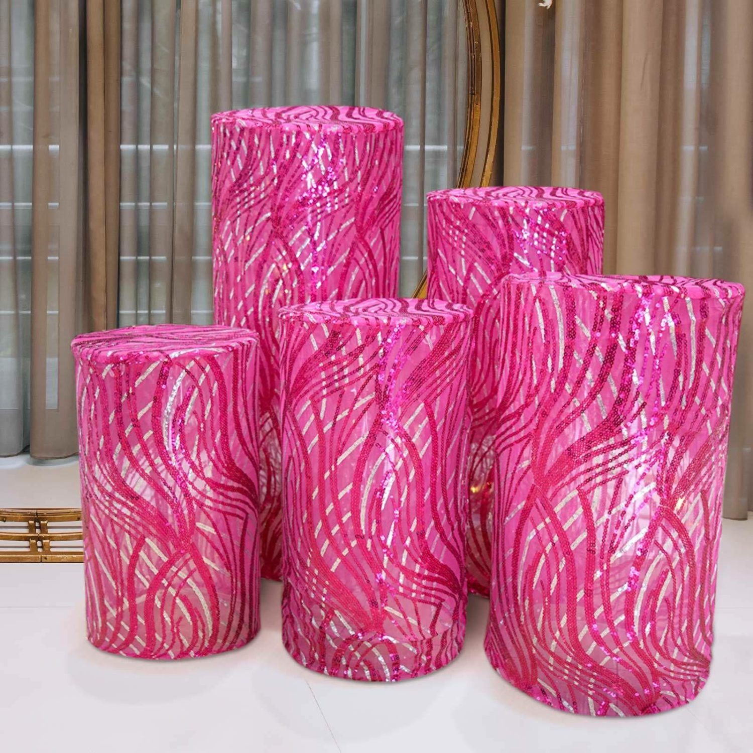 Pedestal Prop Covers | Set of 5 Fuchsia Silver Wave Mesh Cylinder Display Box Stand Covers With Embroidered Sequins, Premium Pedestal Pillar Prop Covers Pedestal Prop Covers Fuchsia