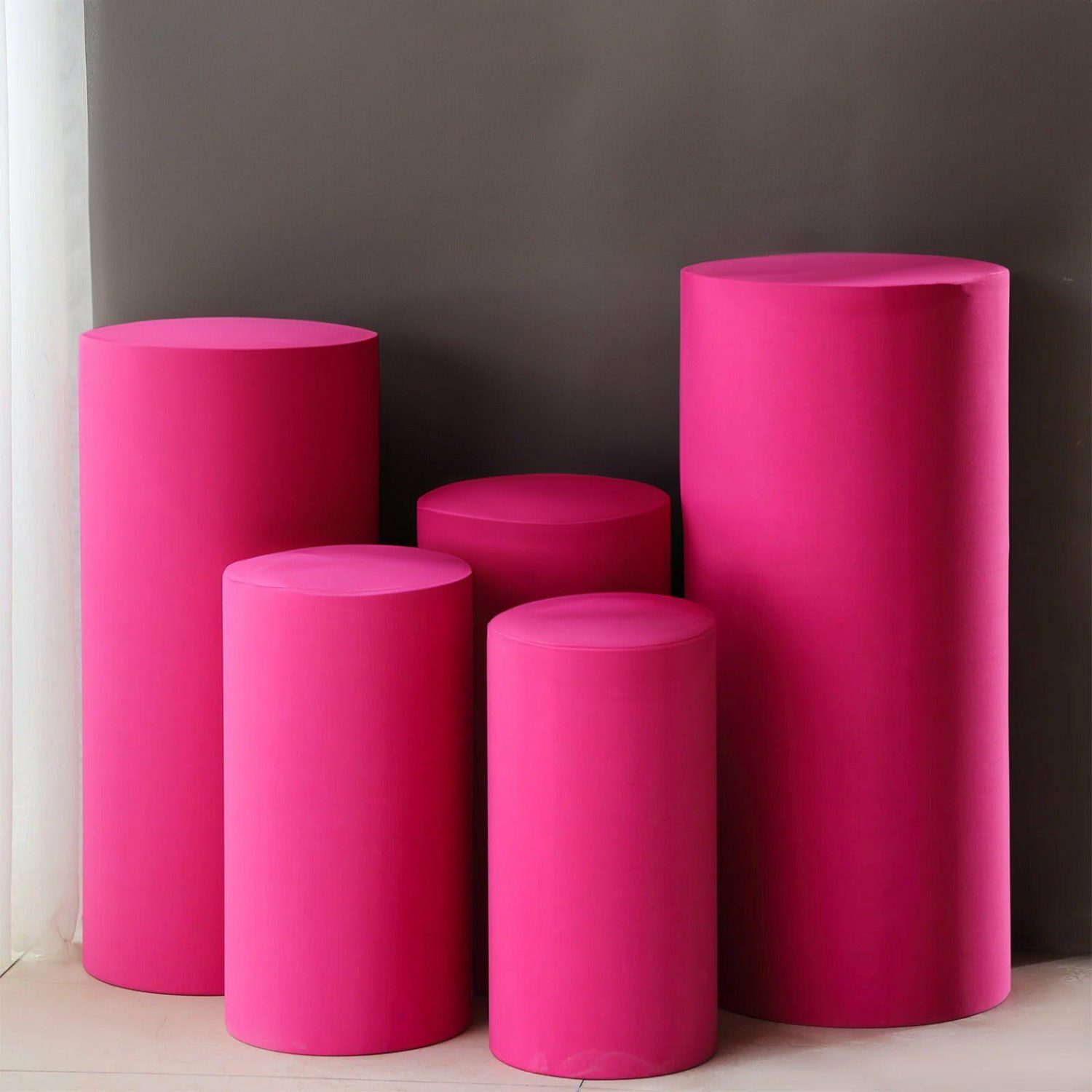 Pedestal Prop Covers | Set of 5 Fuchsia Spandex Cylinder Plinth Display Box Stand Covers, Stretchable Pedestal Pillar Prop Covers 160 GSM Pedestal Prop Covers Fuchsia