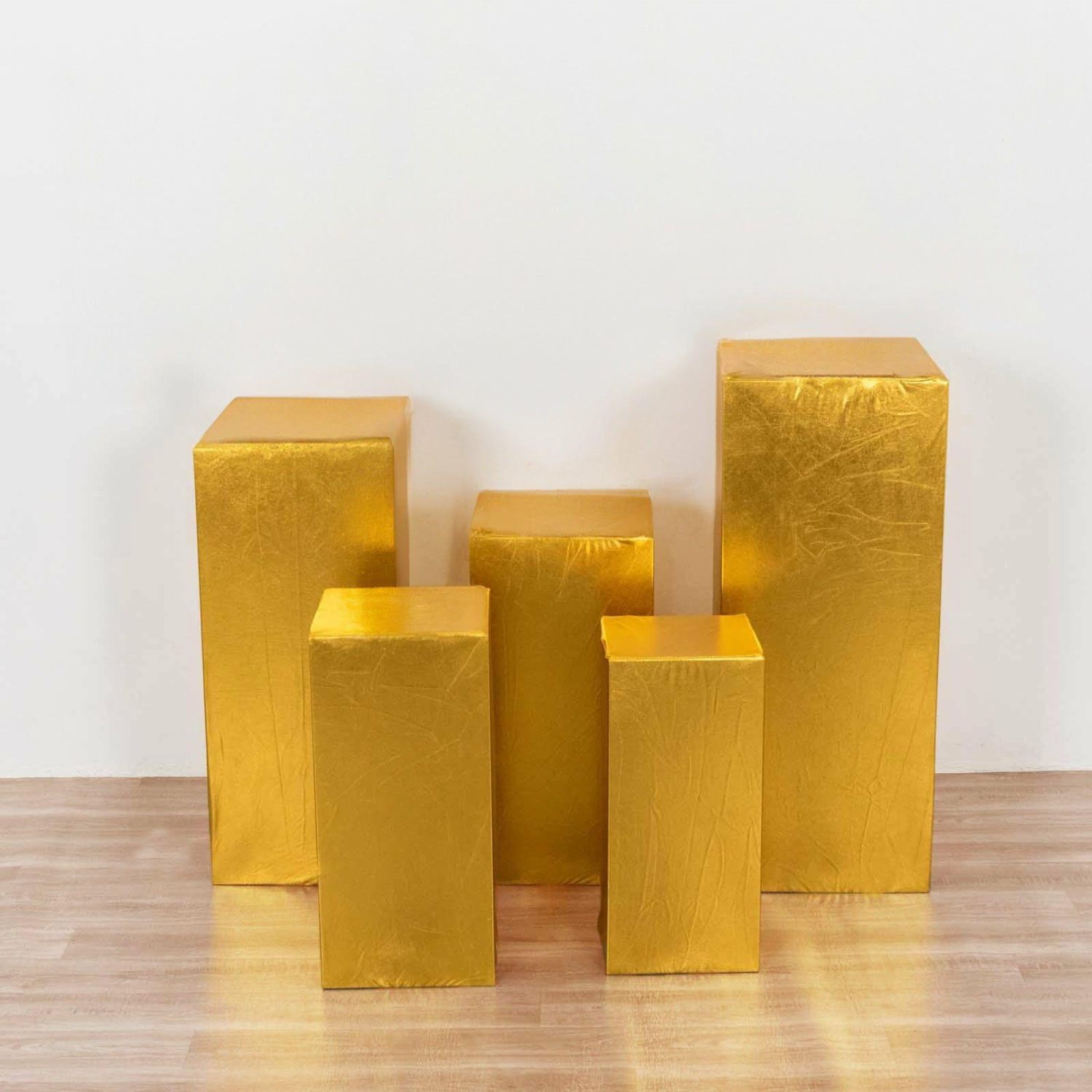 Pedestal Prop Covers | Set of 5 Gold Metallic Spandex Rectangular Display Box Stand Covers, Shiny Stretchable Pedestal Pillar Prop Covers – 130 GSM Pedestal Prop Covers Metallic Gold