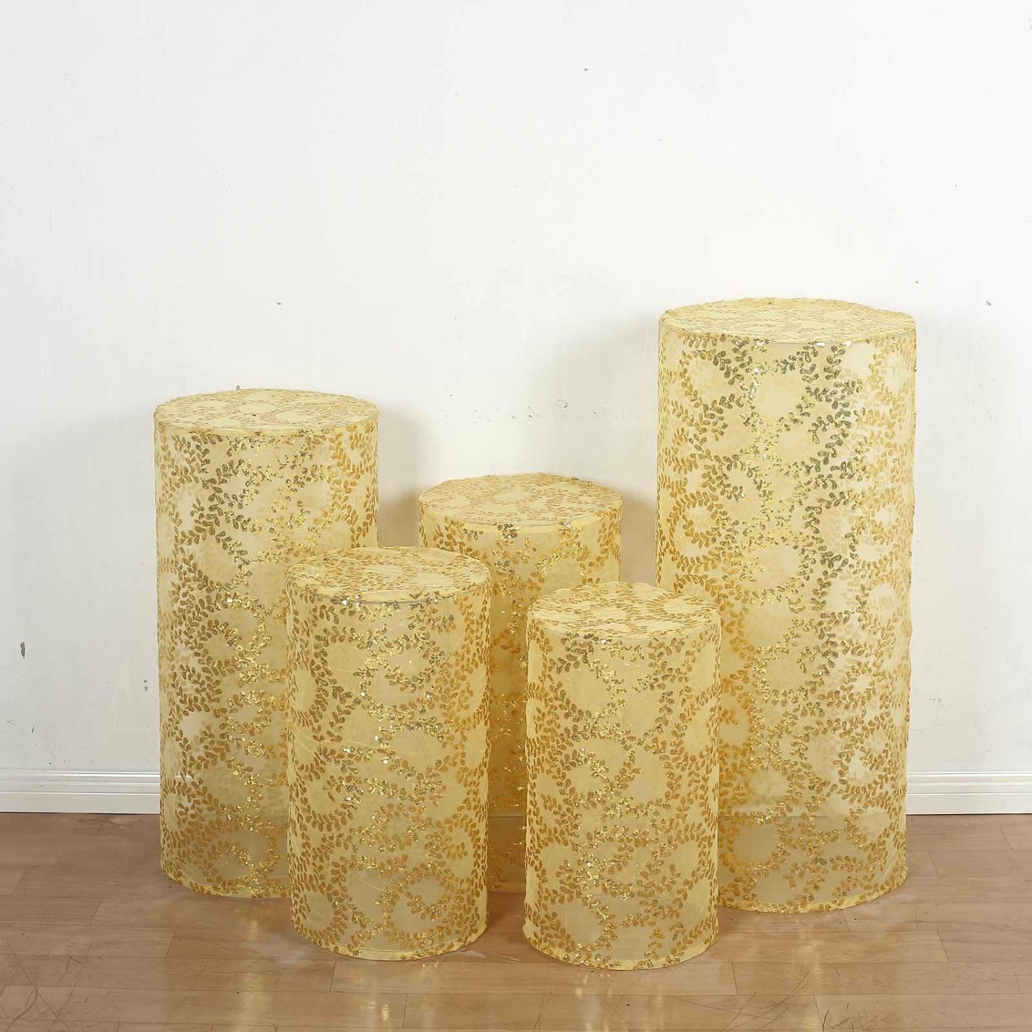 Pedestal Prop Covers | Set of 5 Gold Sequin Mesh Cylinder Display Box Stand Covers with Leaf Vine Embroidery, Sparkly Sheer Tulle Pedestal Pillar Prop Covers Pedestal Prop Covers Gold