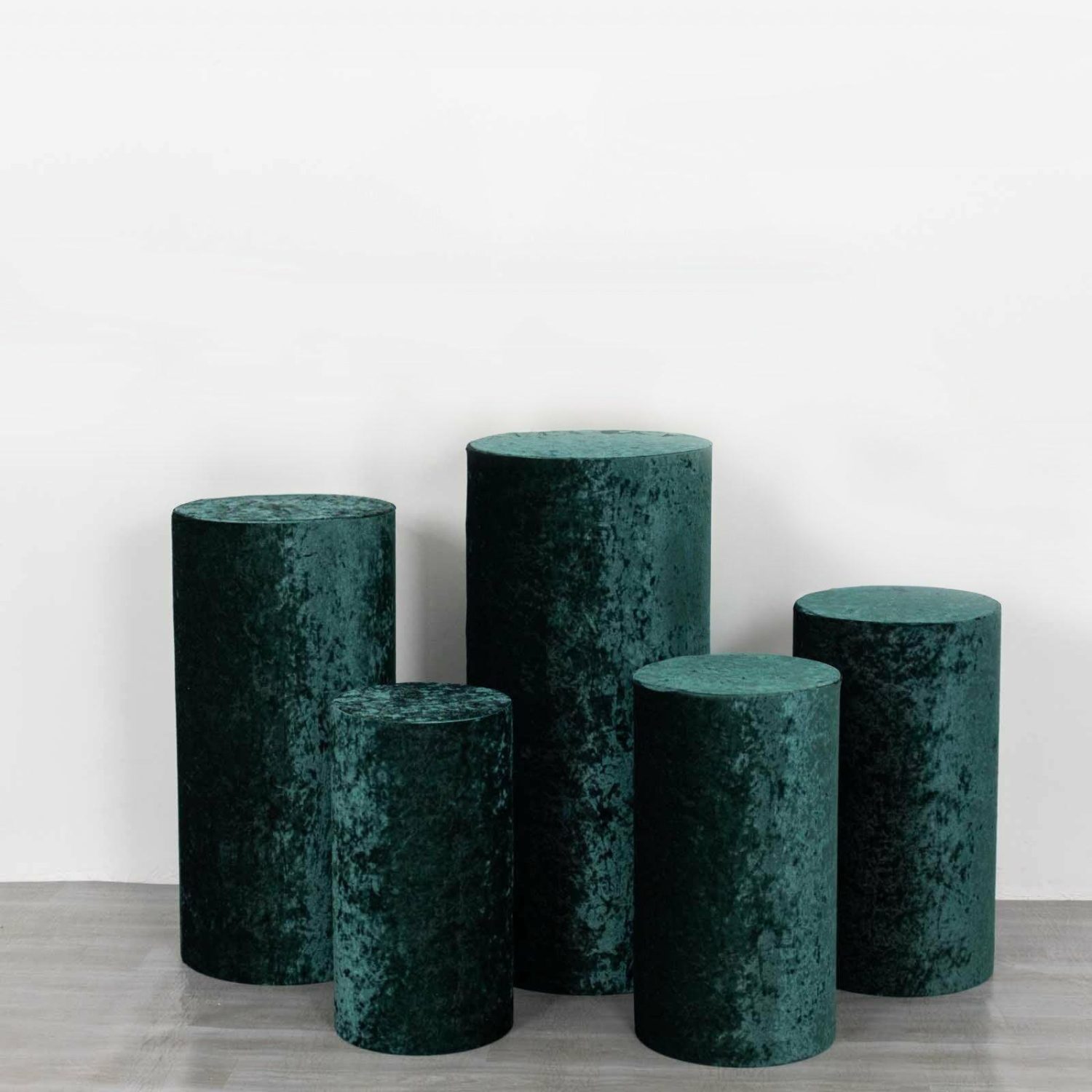 Pedestal Prop Covers | Set of 5 Hunter Emerald Green Crushed Velvet Cylinder Plinth Display Box Stand Covers, Premium Pedestal Pillar Prop Covers Pedestal Prop Covers Hunter Emerald Green