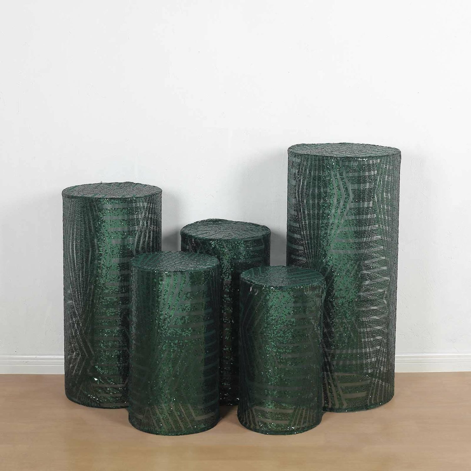 Pedestal Prop Covers | Set of 5 Hunter Emerald Green Sequin Mesh Cylinder Display Box Stand Covers with Geometric Pattern Embroidery, Sparkly Sheer Tulle Pedestal Pillar Prop Covers Pedestal Prop Covers Hunter Emerald Green