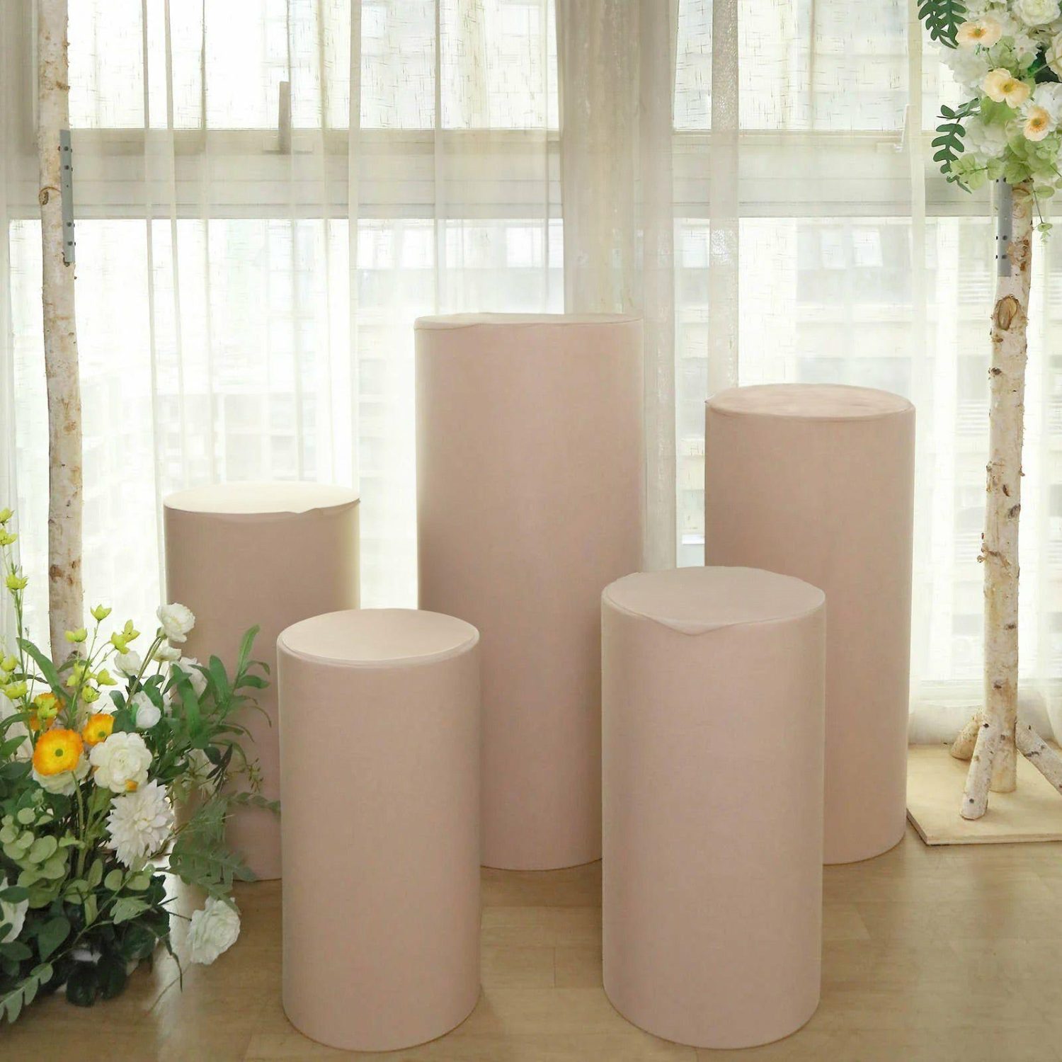 Pedestal Prop Covers | Set of 5 Nude Spandex Cylinder Plinth Display Box Stand Covers, Stretchable Pedestal Pillar Prop Covers 160 GSM Pedestal Prop Covers Nude