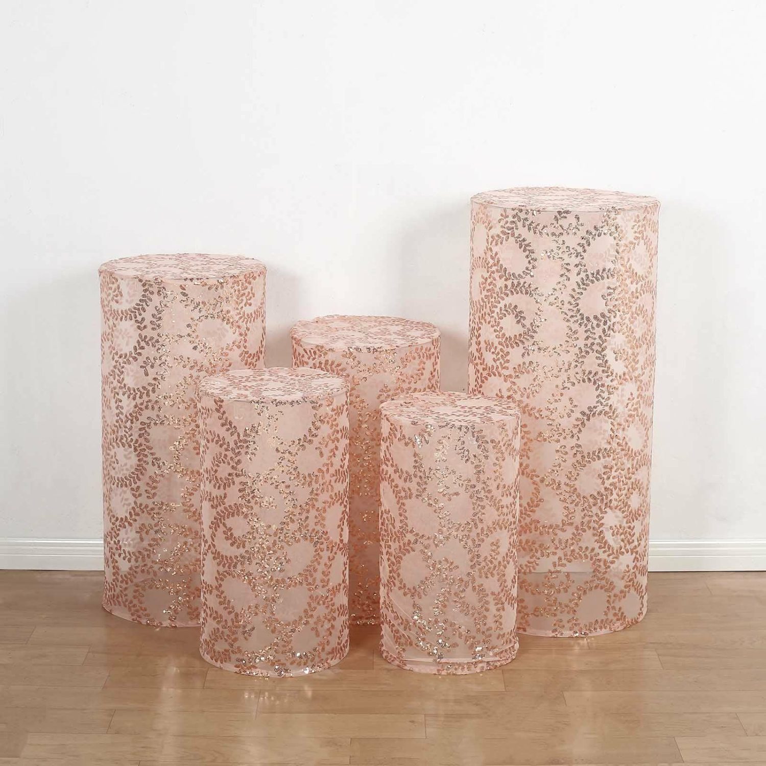 Pedestal Prop Covers | Set of 5 Rose Gold Sequin Mesh Cylinder Display Box Stand Covers with Leaf Vine Embroidery, Sparkly Sheer Tulle Pedestal Pillar Prop Covers Pedestal Prop Covers Pedestal Prop Covers