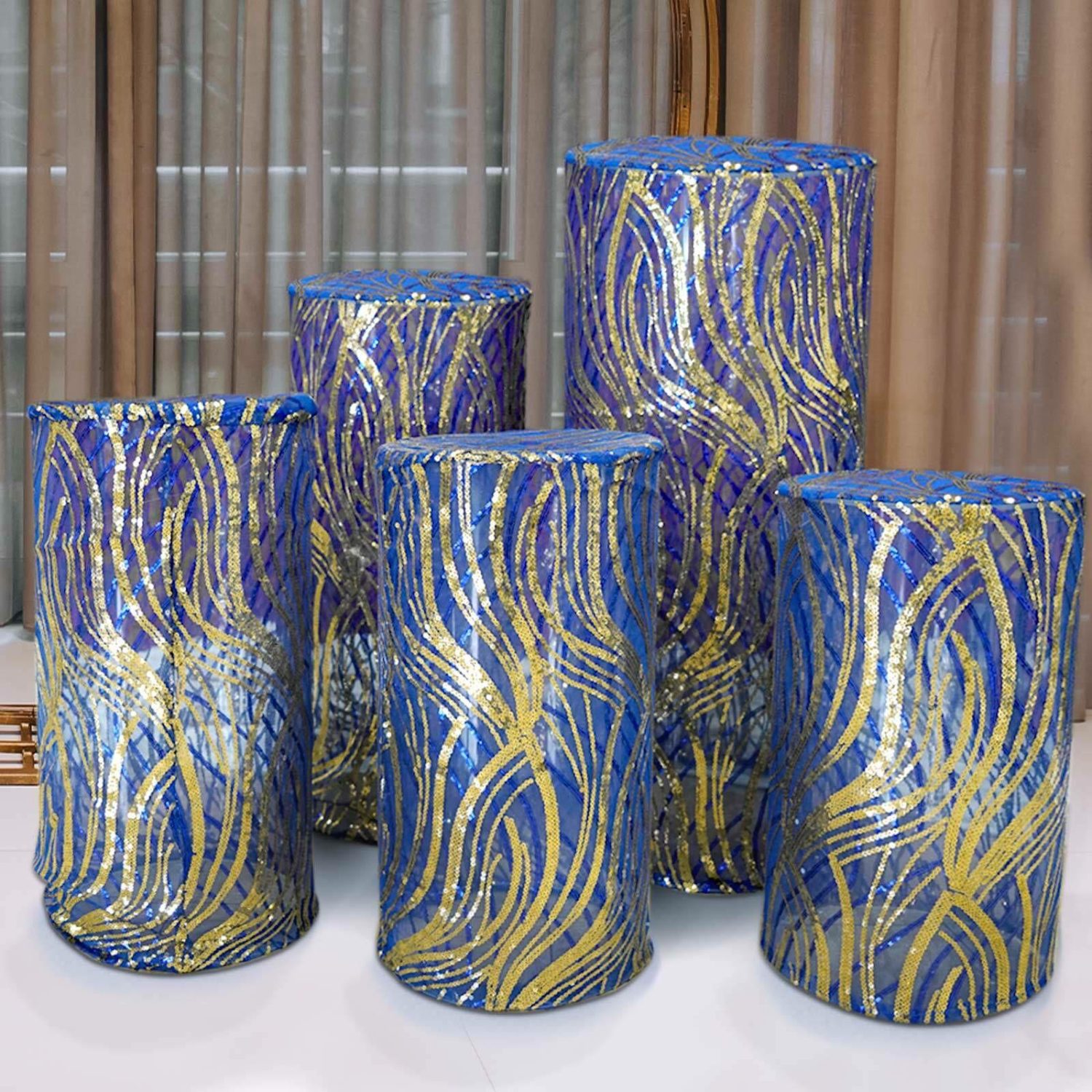 Pedestal Prop Covers | Set of 5 Royal Blue Gold Wave Mesh Cylinder Display Box Stand Covers With Embroidered Sequins, Premium Pedestal Pillar Prop Covers Pedestal Prop Covers Gold