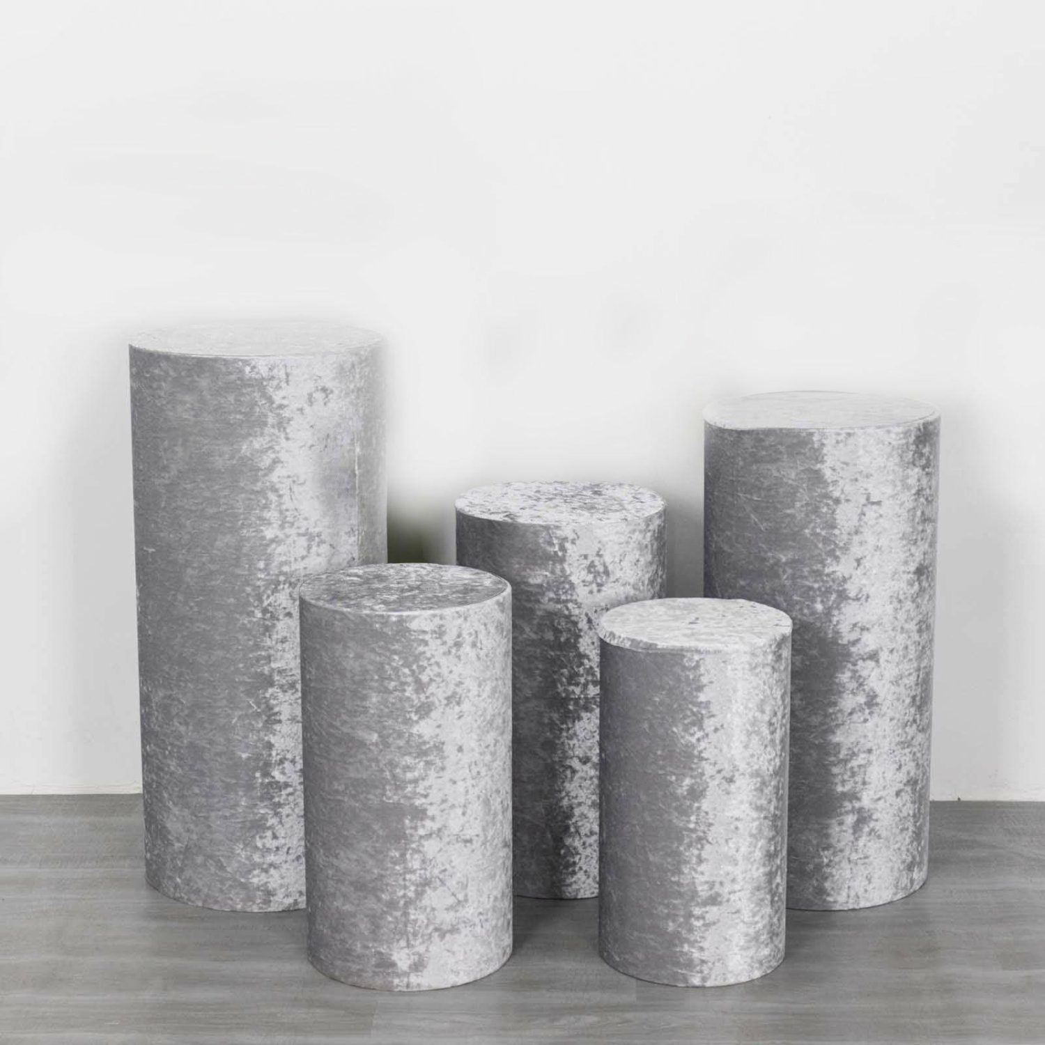 Pedestal Prop Covers | Set of 5 Silver Crushed Velvet Cylinder Plinth Display Box Stand Covers, Premium Pedestal Pillar Prop Covers Pedestal Prop Covers Pedestal Prop Covers