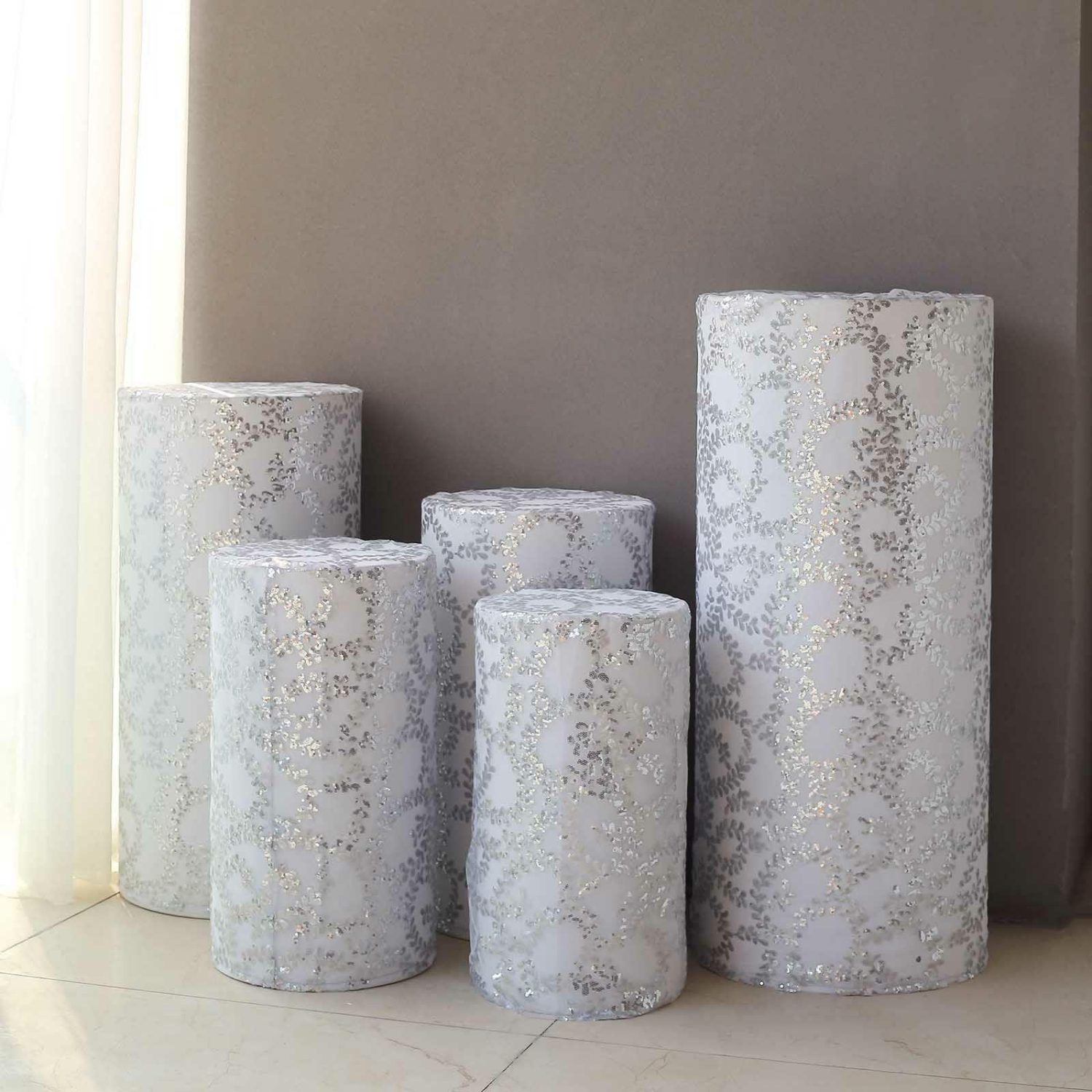 Pedestal Prop Covers | Set of 5 Silver Sequin Mesh Cylinder Display Box Stand Covers with Leaf Vine Embroidery, Sparkly Sheer Tulle Pedestal Pillar Prop Covers Pedestal Prop Covers Pedestal Prop Covers