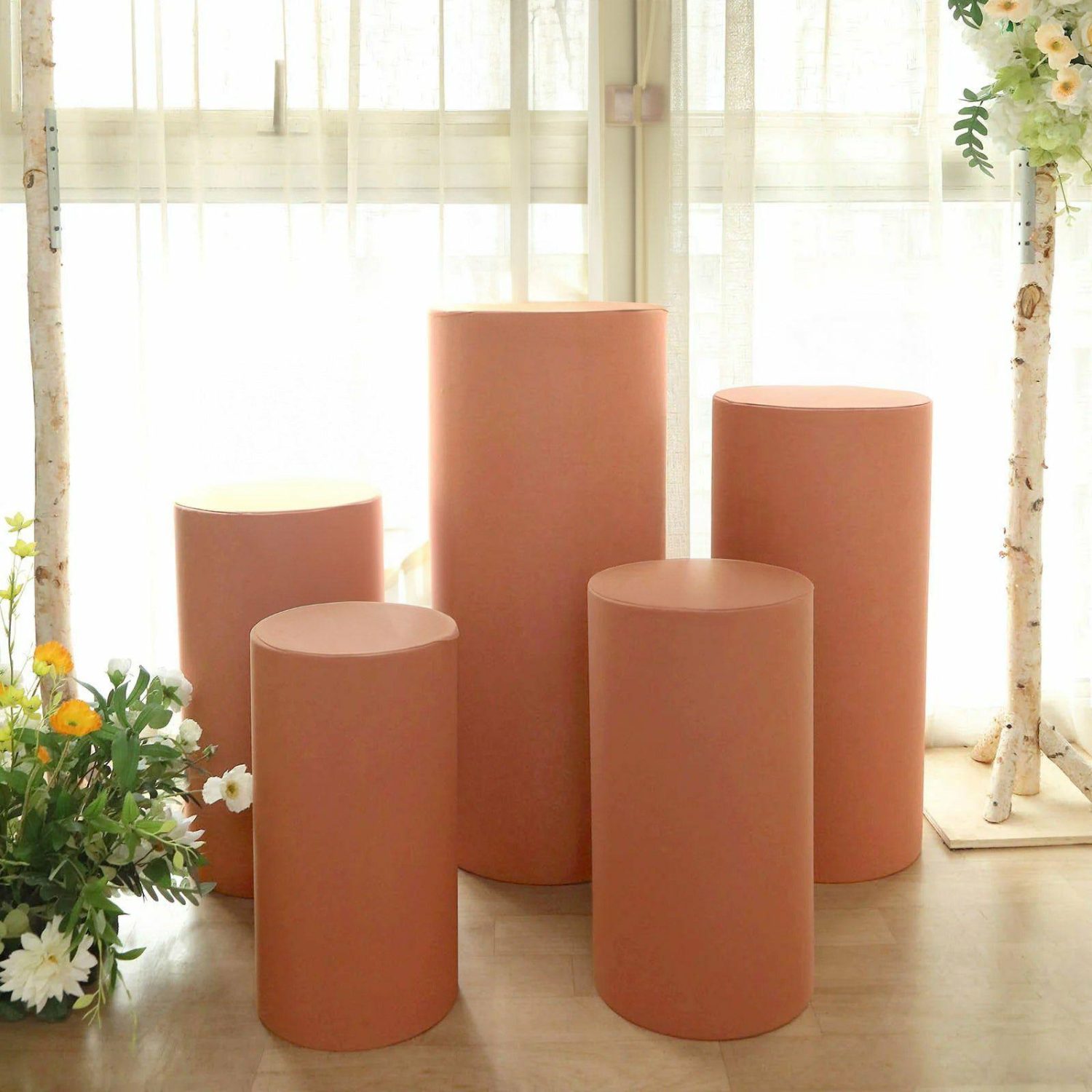 Pedestal Prop Covers | Set of 5 Terracotta (Rust) Spandex Cylinder Plinth Display Box Stand Covers, Stretchable Pedestal Pillar Prop Covers 160 GSM Pedestal Prop Covers Pedestal Prop Covers