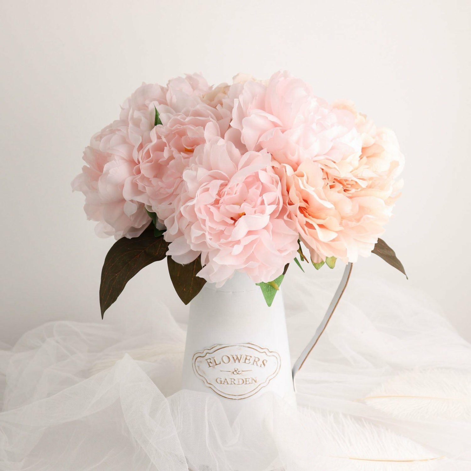 Peony Bouquet | 2 Bushes Blush Artificial Silk Peony Flower Bouquets, Real Touch Peonies Spray 17″ Artificial Flowers Blush