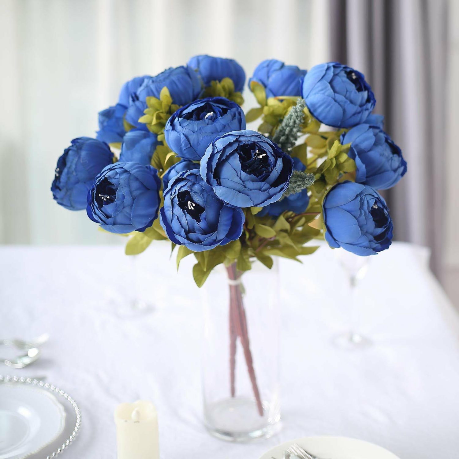 Peony Bouquet | 2 Pack Royal Blue Silk Peony Flower Bouquet Arrangements, Artificial Wedding Bridal Bouquets 19″ Artificial Flowers Peony Bouquet