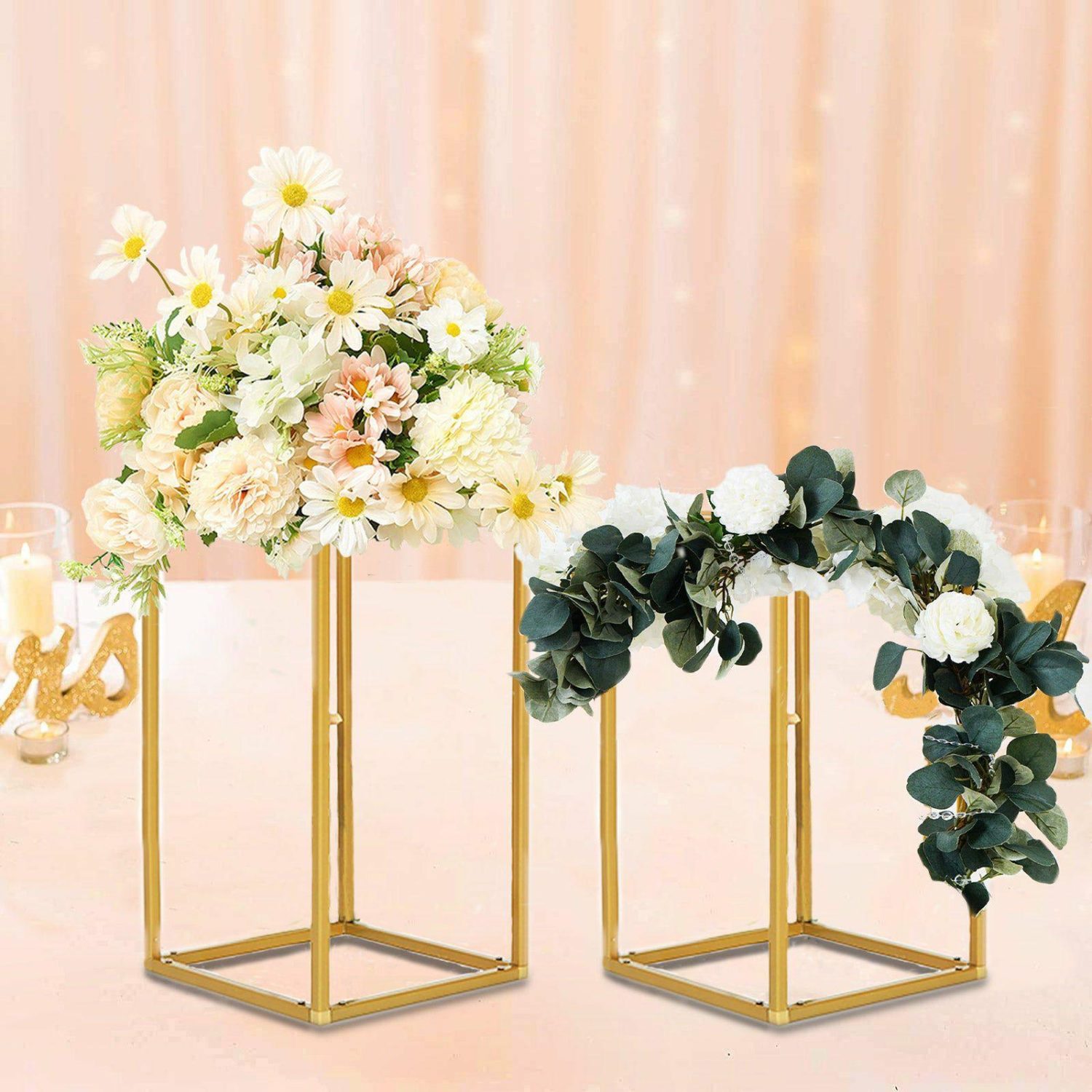 Pillar & Pedestal Display Stands | 2 Pack Rectangular Gold Metal Wedding Flower Stand, Geometric Column Frame Centerpiece 12″ Pillar & Pedestal Display Stands Gold