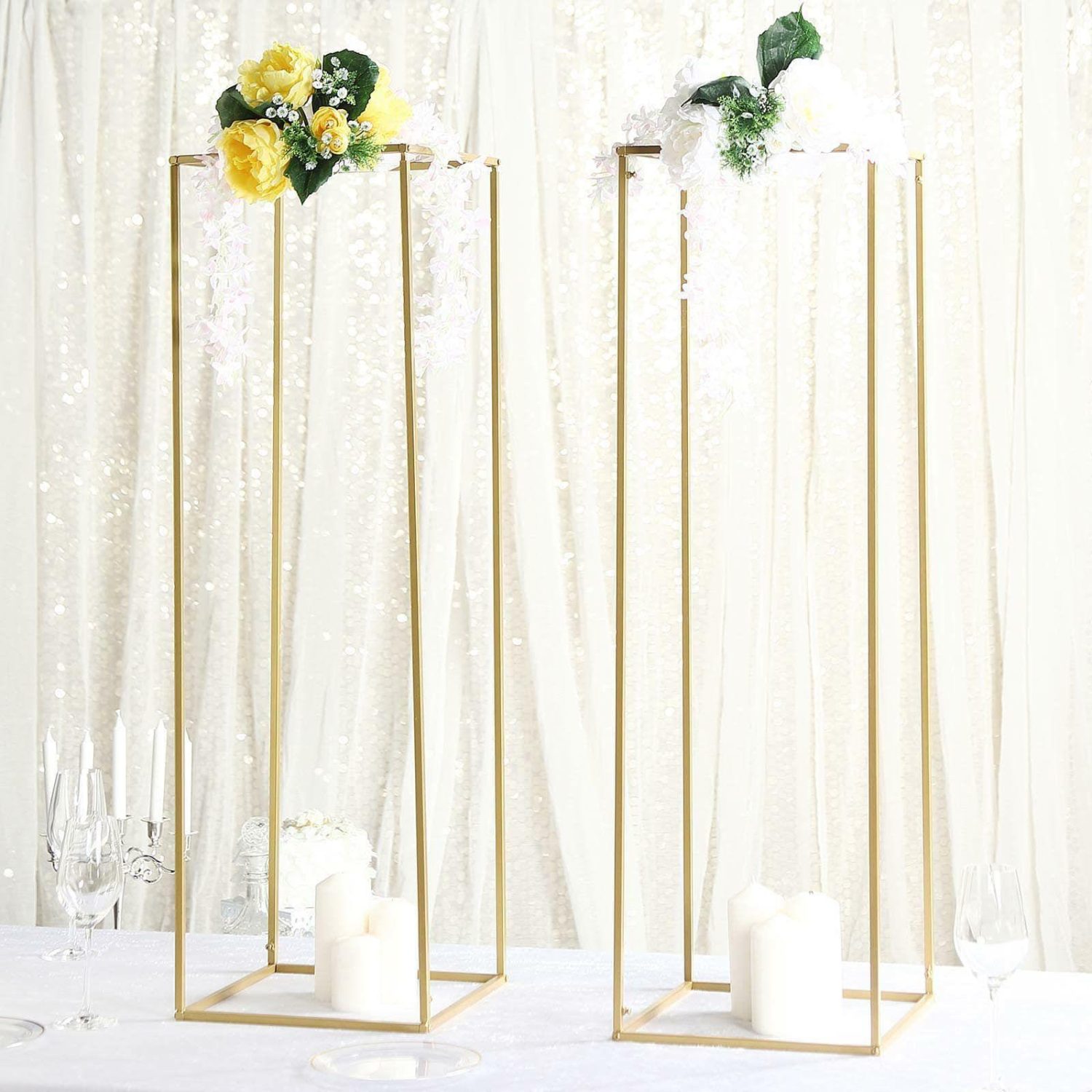 Pillar & Pedestal Display Stands | 2 Pack Rectangular Gold Metal Wedding Flower Stand, Geometric Column Frame Centerpiece 40″ Pillar & Pedestal Display Stands Gold