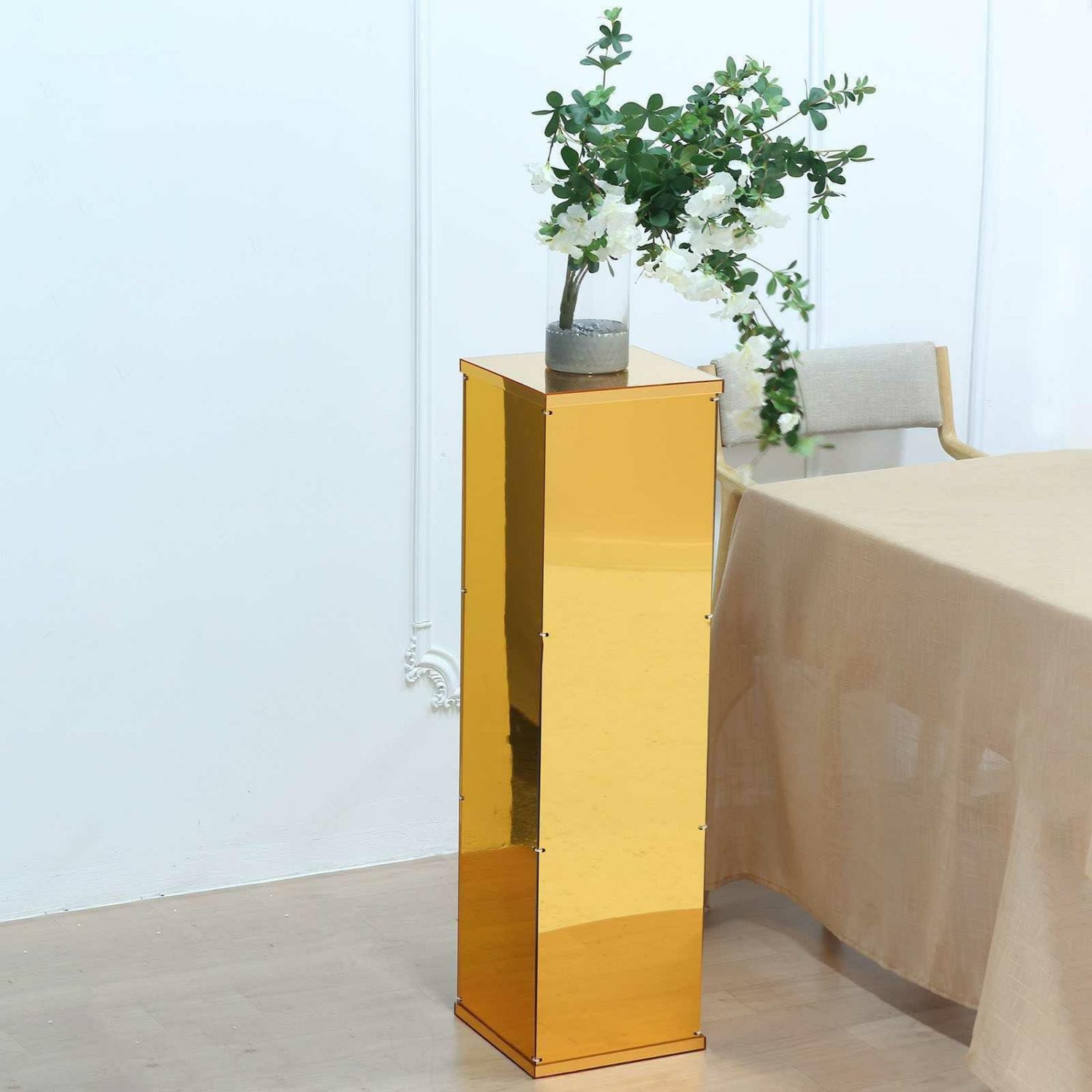 Pillar & Pedestal Display Stands | Floor Standing Gold Mirror Finish Acrylic Pedestal Riser, Display Box with Interchangeable Lid and Base 40″ Pillar & Pedestal Display Stands Gold