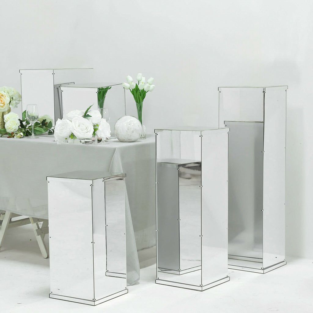 Pillar & Pedestal Display Stands | Floor Standing Silver Mirror Finish Acrylic Pedestal Riser, Display Box with Interchangeable Lid and Base 40″ Pillar & Pedestal Display Stands Pillar & Pedestal Display Stands