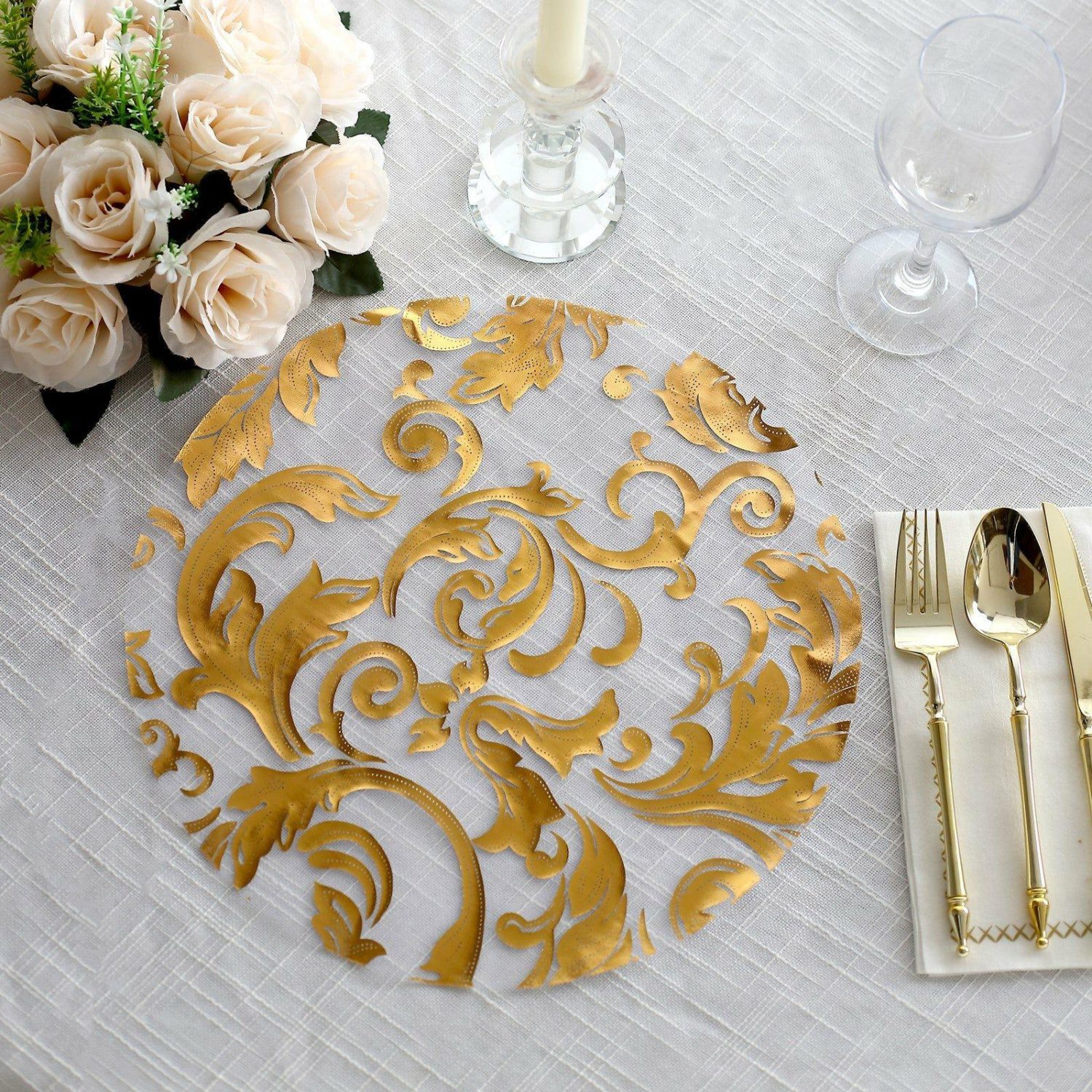 Placemats | 10 Pack Metallic Gold Sheer Organza Round Placemats with Swirl Foil Floral Design, 13″ Disposable Dining Table Mats Chargers Metallic Gold