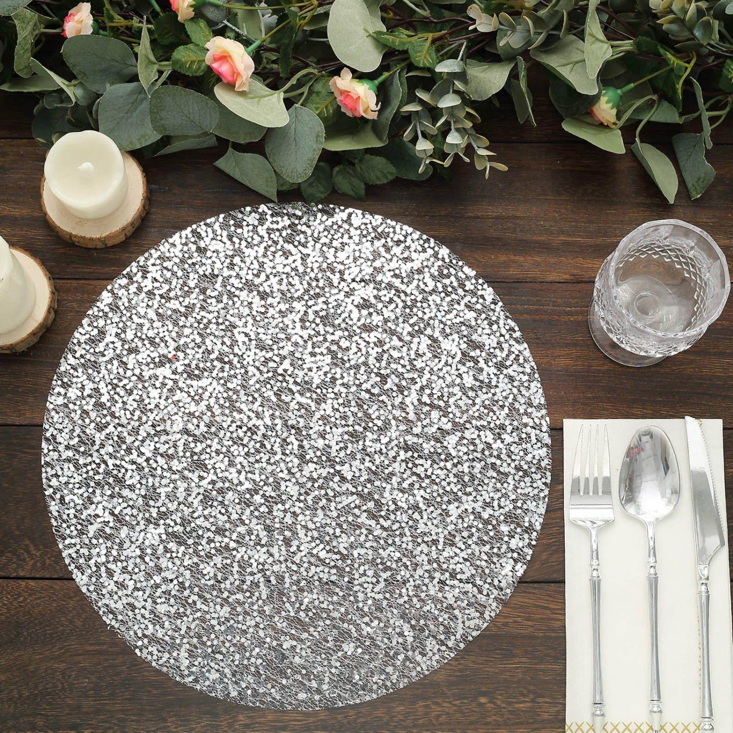 Placemats | 10 Pack Metallic Silver Sequin Mesh Table Placemats, Round Sparkly Dust Free Sequin Dining Mats 13″ Chargers Metallic Silver