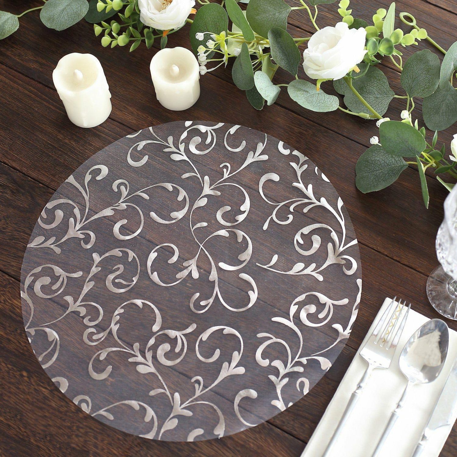 Placemats | 10 Pack Metallic Silver Sheer Organza Round Placemats with Embossed Foil Flower Design, 13″ Disposable Dining Table Mats Chargers Metallic Silver