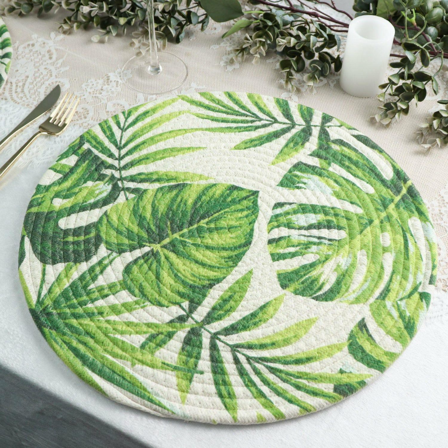 Placemats | 4 Pack Green Tropical Leaf Woven Cotton Table Placemats, Indoor/Outdoor Braided Dining Placemats 15″ Round Chargers Placemats