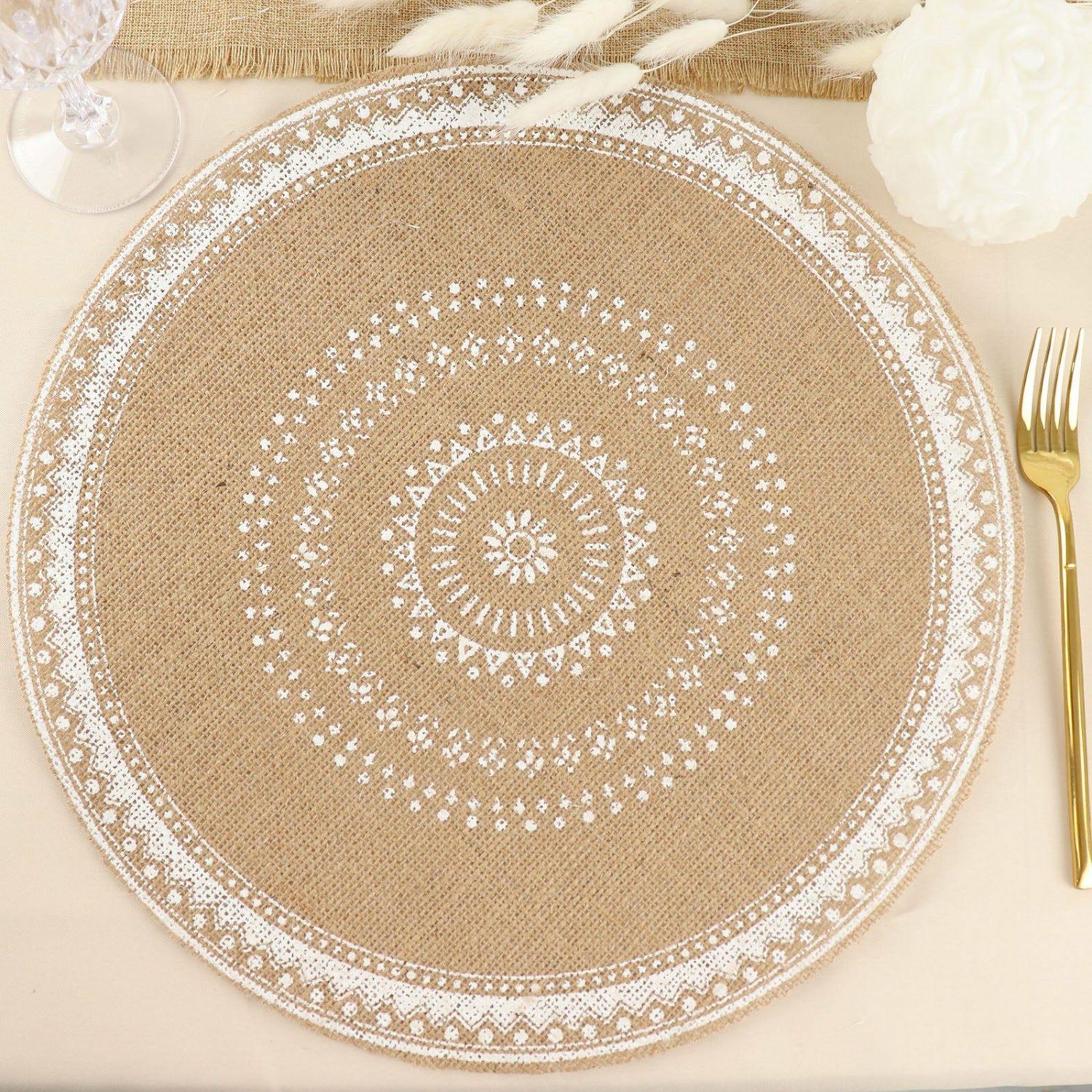 Placemats | 4 Pack Natural Jute and White Braided Placemats, Rustic Round Woven Burlap Table Mats 15″ Chargers Braided