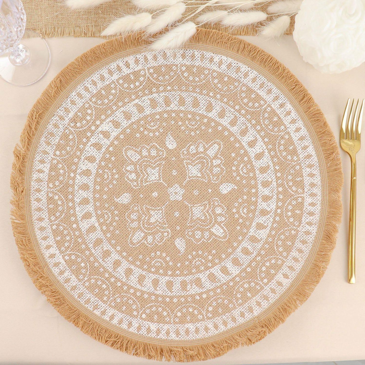 Placemats | 4 Pack Natural Jute and White Print Fringe Placemats, Rustic Round Woven Burlap Tassel Table Mats 15″ Chargers Fringe Rim