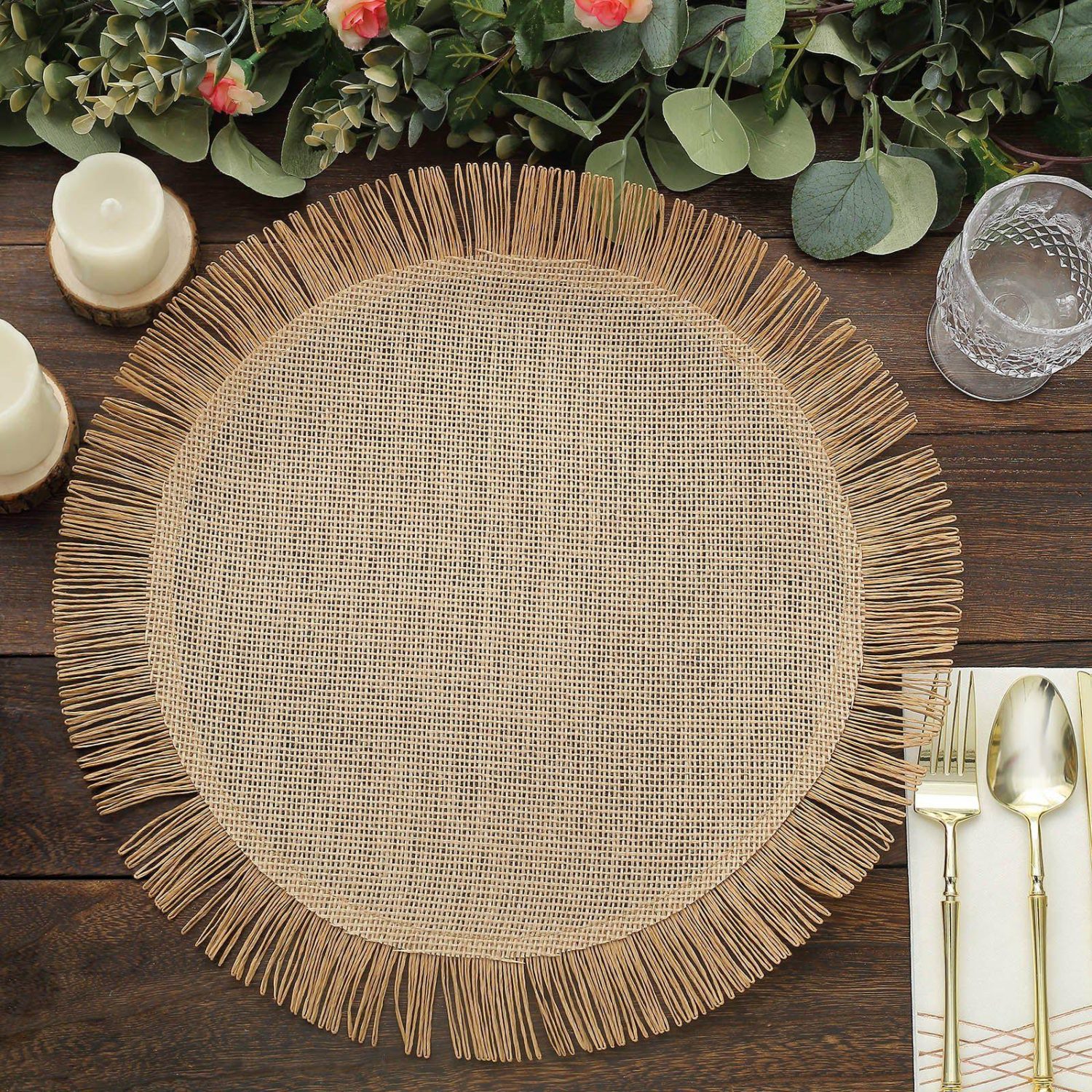 Placemats | 4 Pack Natural Jute Boho Chic Fringe Edge Table Placemats, Rustic Farmhouse Burlap Tassel Dining Table Mats 16″ Chargers Natural Fringe Edge