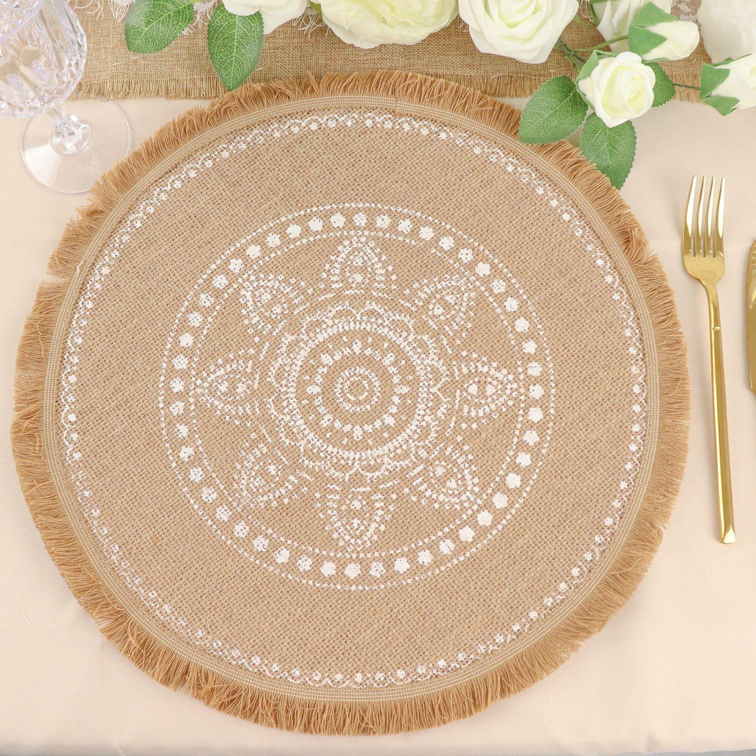 Placemats | 4 Pack Natural Jute Fringe White Embroidery Print Placemats, Rustic Round Woven Burlap Tassel Table Mats 15″ Chargers Embroidery Print w/ Fringe Rim