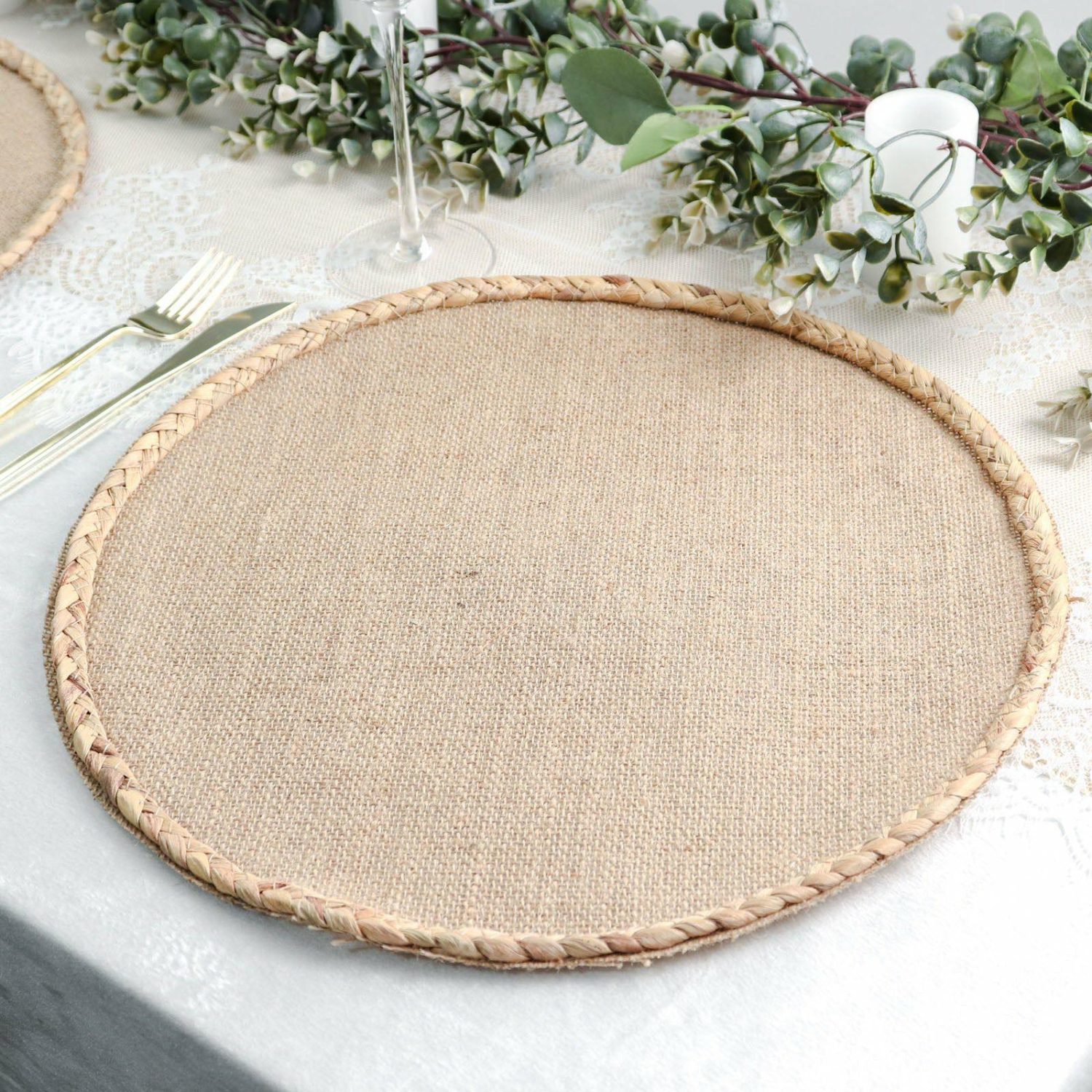 Placemats | 4 Pack Natural Rustic Burlap Jute Placemats Braided Edges, Farmhouse Placemats with Trim 15″ Round Chargers Braided Rim