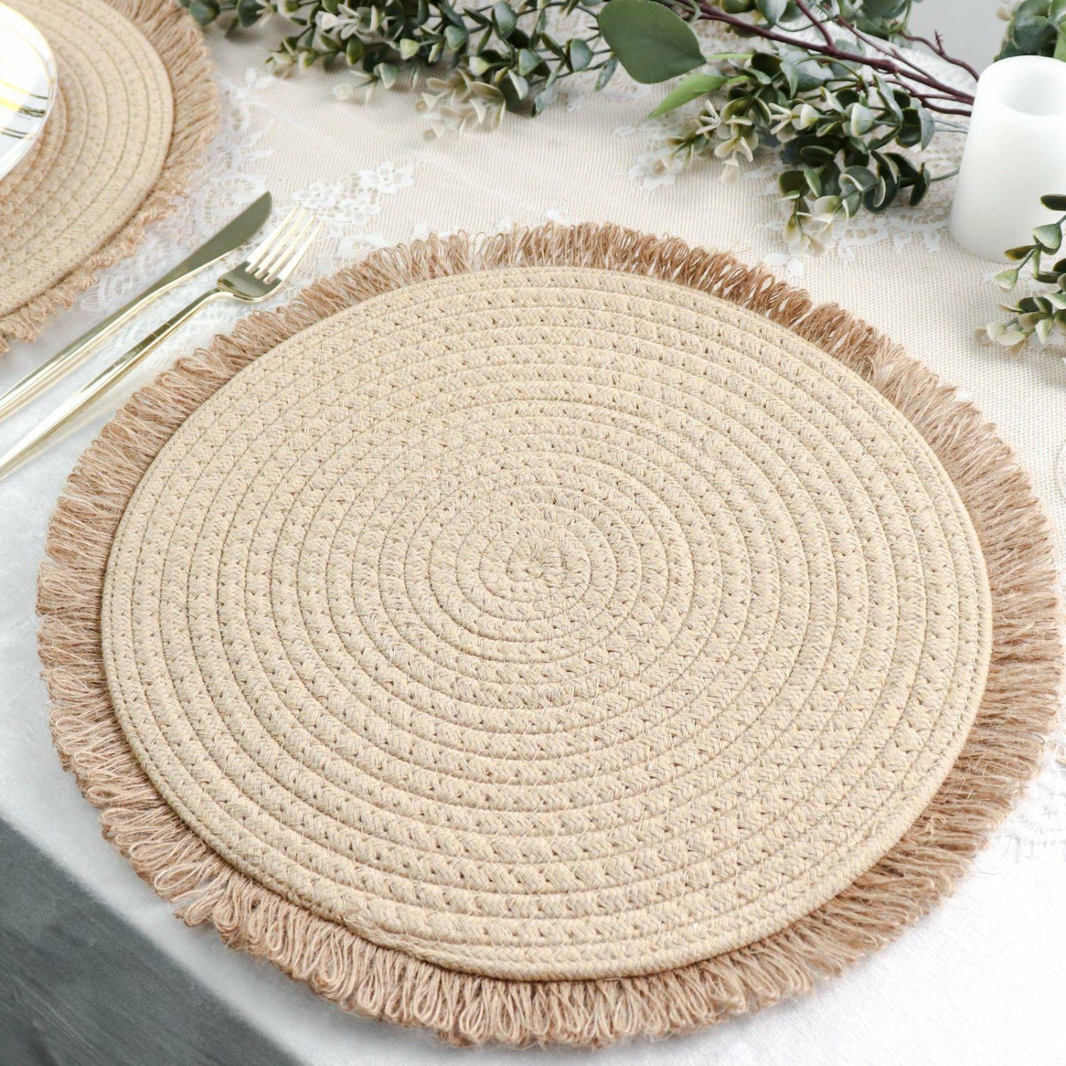 Placemats | 4 Pack Natural Rustic Burlap Jute Placemats Fringed Edges, Farmhouse Placemats with Trim 15″ Round Chargers Fringe Rim