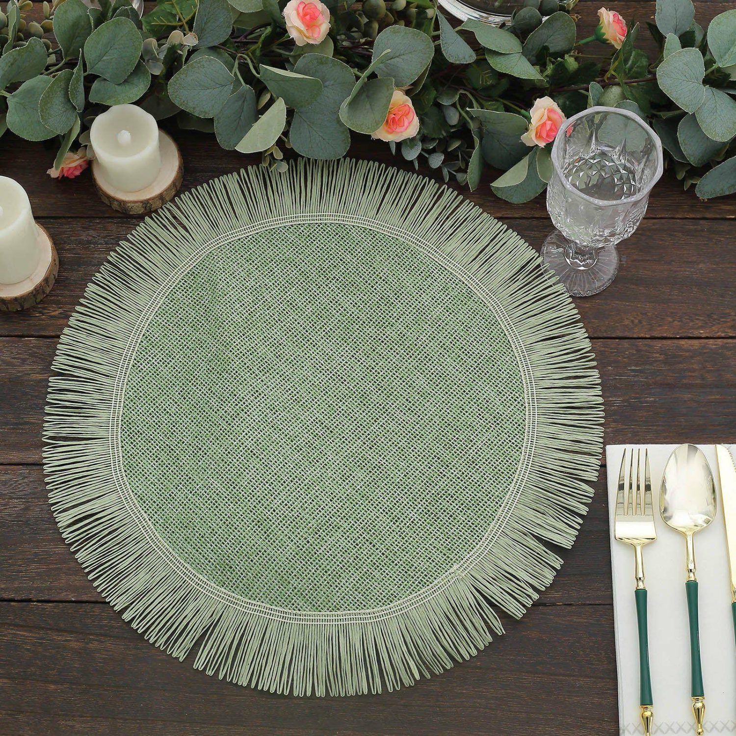 Placemats | 4 Pack Sage Green Jute Boho Chic Fringe Edge Table Placemats, Rustic Farmhouse Burlap Tassel Dining Table Mats 16″ Chargers Placemats