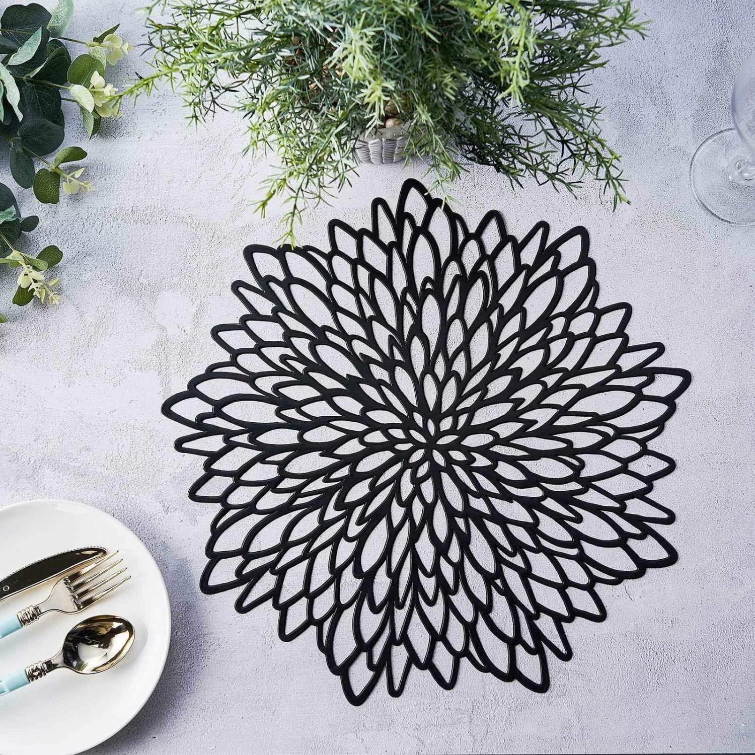 Placemats | 6 Pack Black Decorative Floral Vinyl Placemats, Non-Slip Round Dining Table Mats 15″ Chargers Black