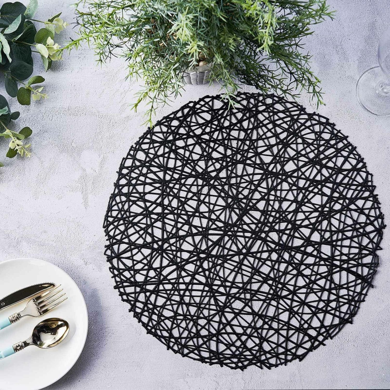 Placemats | 6 Pack Black Decorative Woven Vinyl Placemats, Non-Slip Round Table Mats 15″ Chargers Black