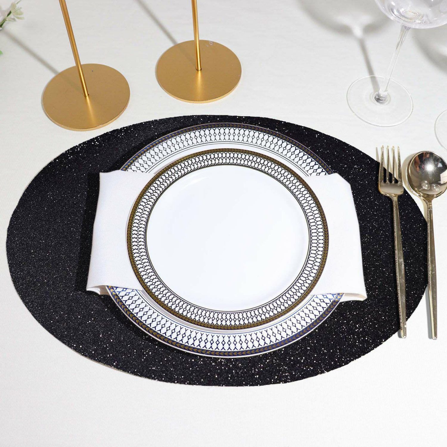 Placemats | 6 Pack Black Sparkle Placemats, Non Slip Decorative Oval Glitter Table Mat Chargers Black