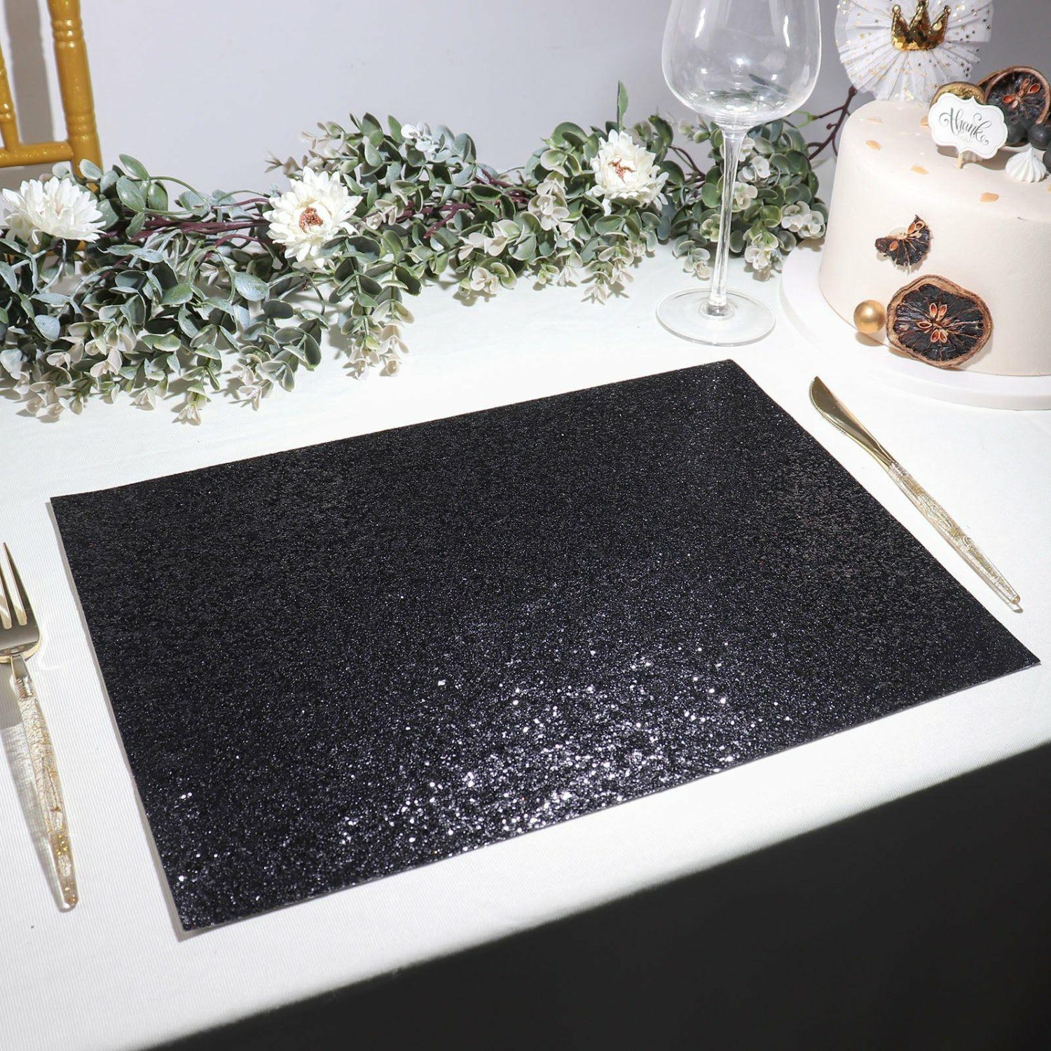 Placemats | 6 Pack Black Sparkle Placemats, Non Slip Decorative Rectangle Glitter Table Mat Chargers Black