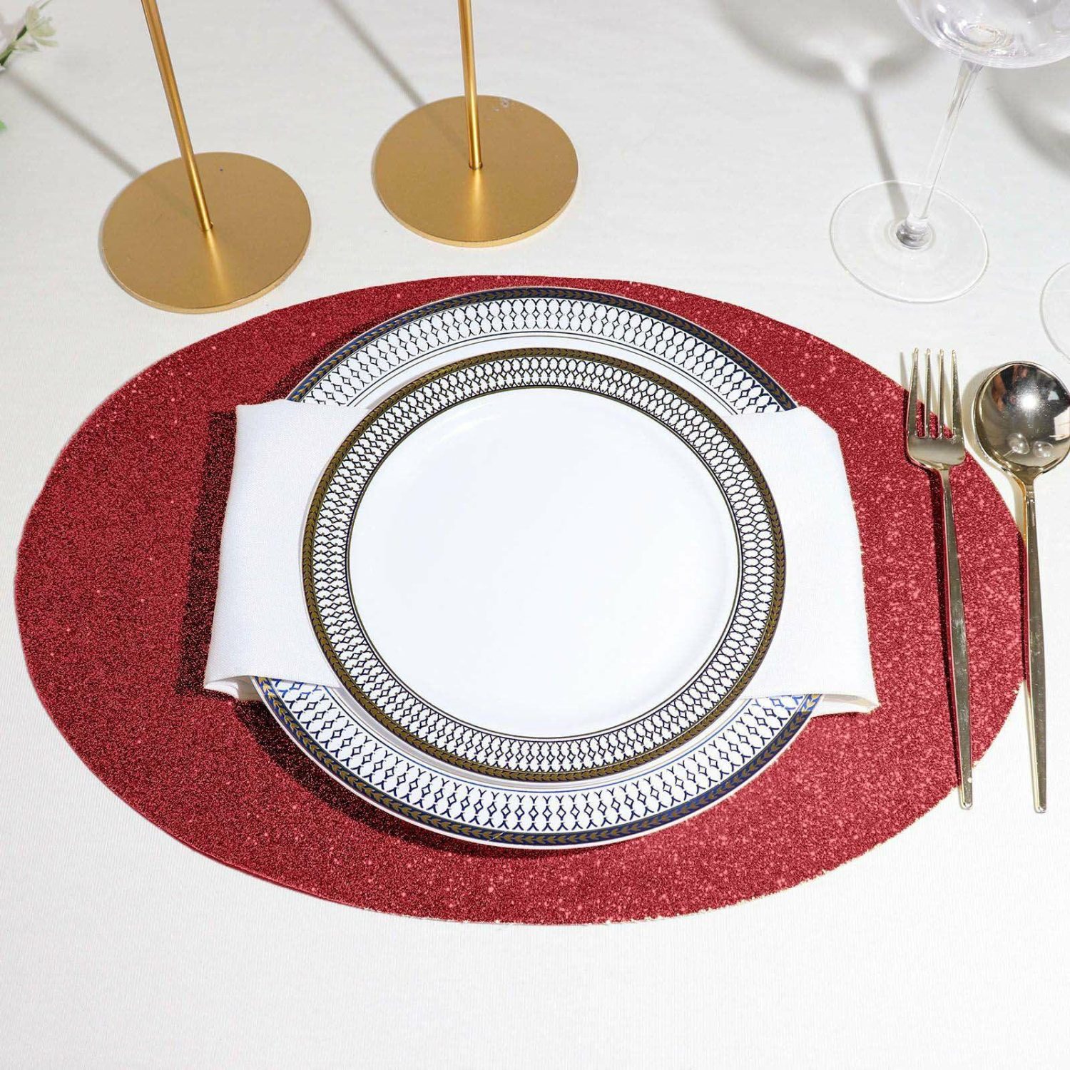 Placemats | 6 Pack Burgundy Sparkle Placemats, Non Slip Decorative Oval Glitter Table Mat Chargers Burgundy