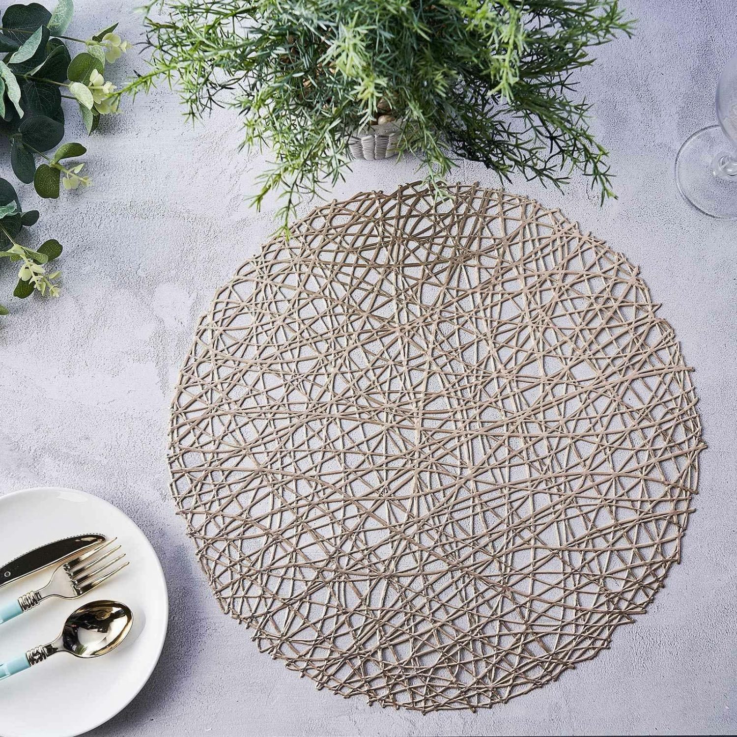 Placemats | 6 Pack Champagne Metallic Woven Vinyl Placemats, Non-Slip Round Table Mats 15″ Chargers Champagne