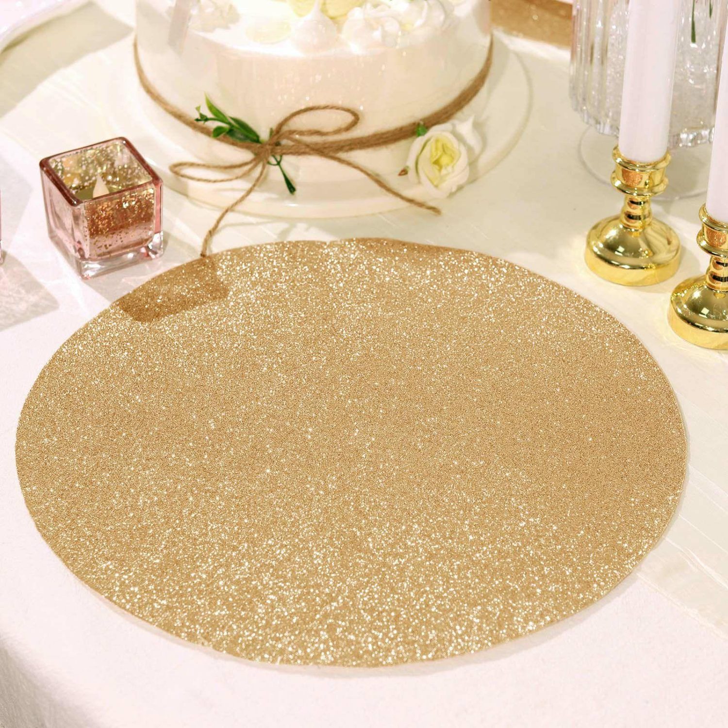 Placemats | 6 Pack Champagne Sparkle Placemats, Non Slip Decorative Round Glitter Table Mat Chargers Champagne